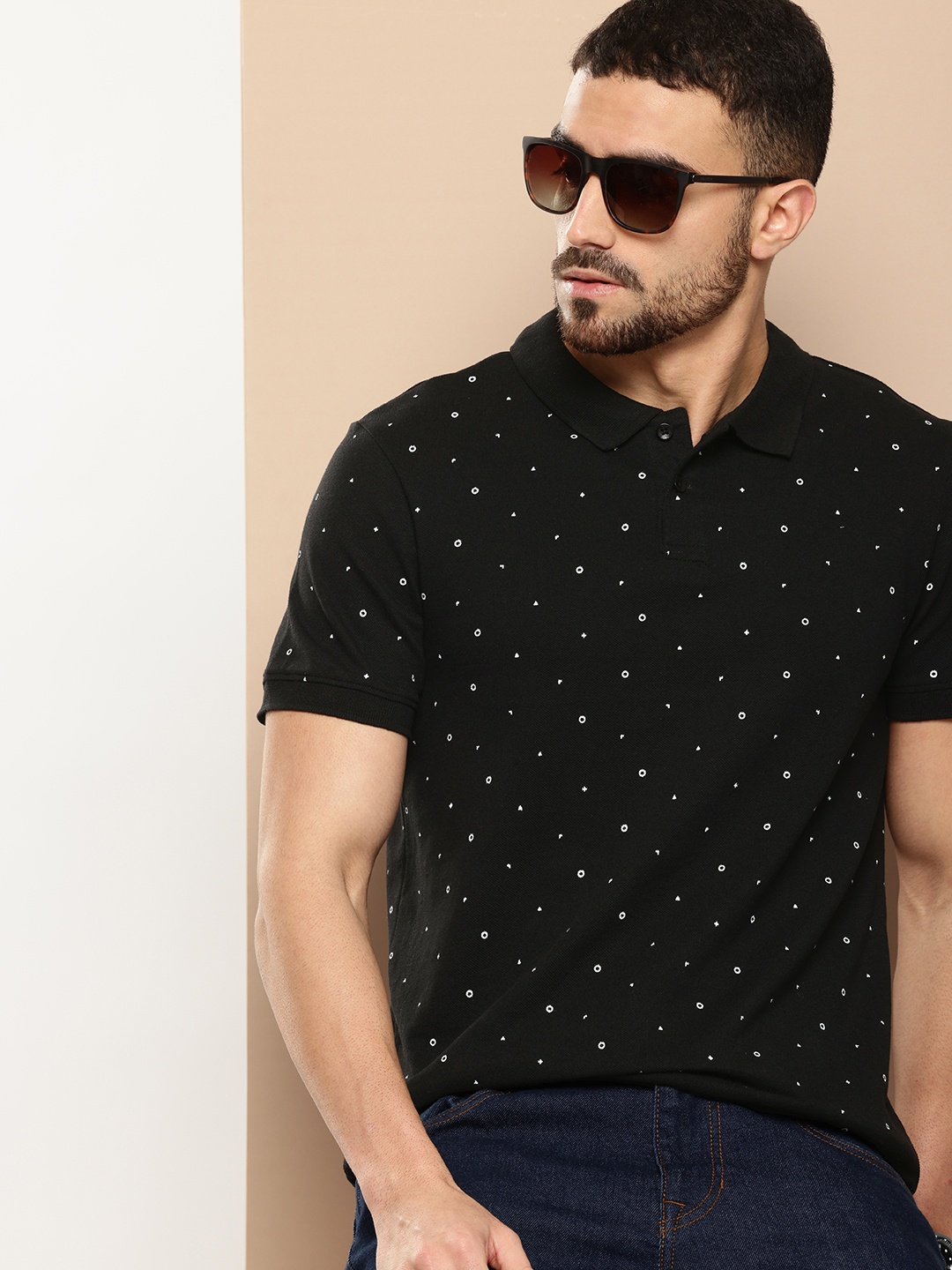 encore by INVICTUS Geometric Printed Polo Collar T-shirt, Black