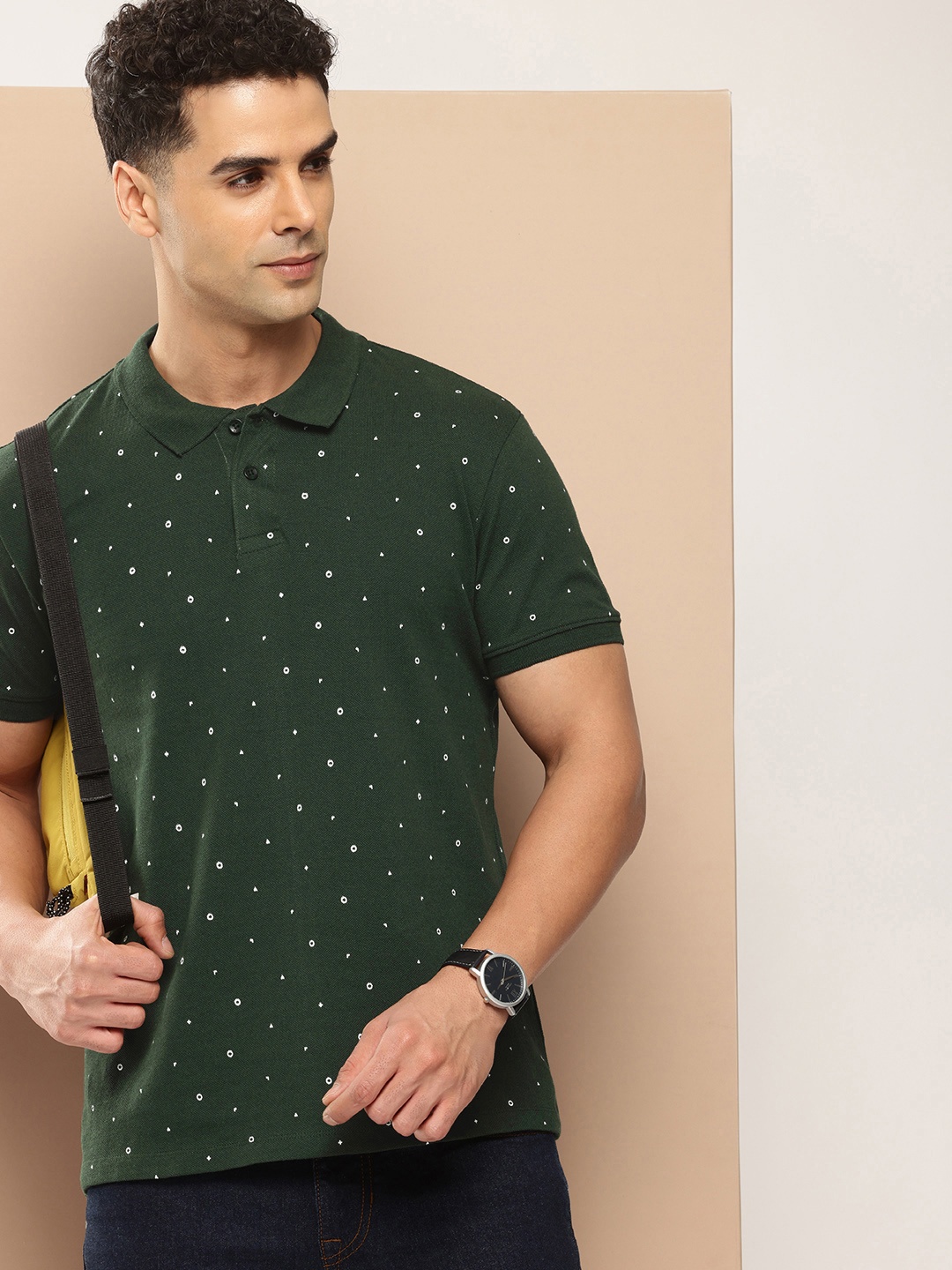 

encore by INVICTUS Geometric Printed Polo Collar T-shirt, Green