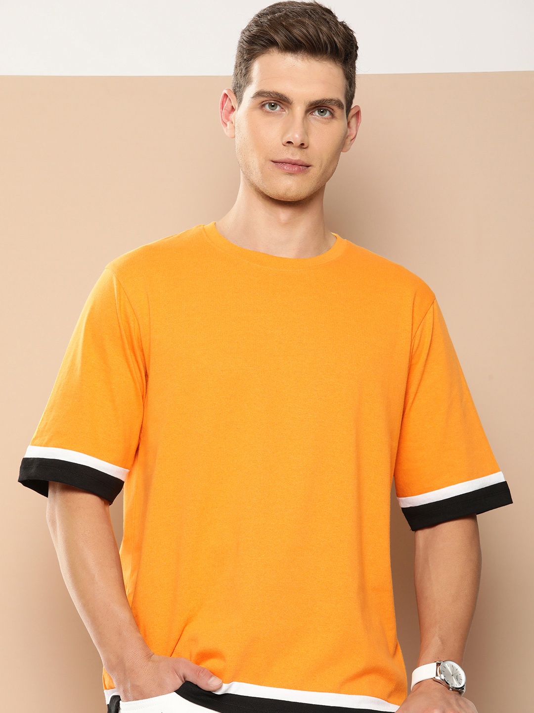 encore by INVICTUS Round Neck Short Sleeves Striped T-shirt, Mustard