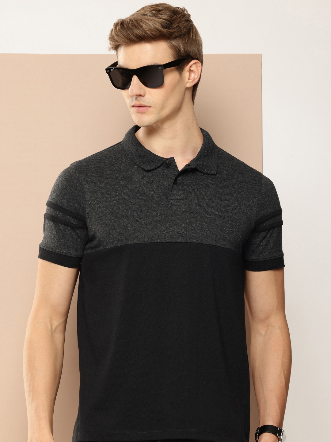 

encore by INVICTUS Colourblocked Polo Collar T-shirt, Black