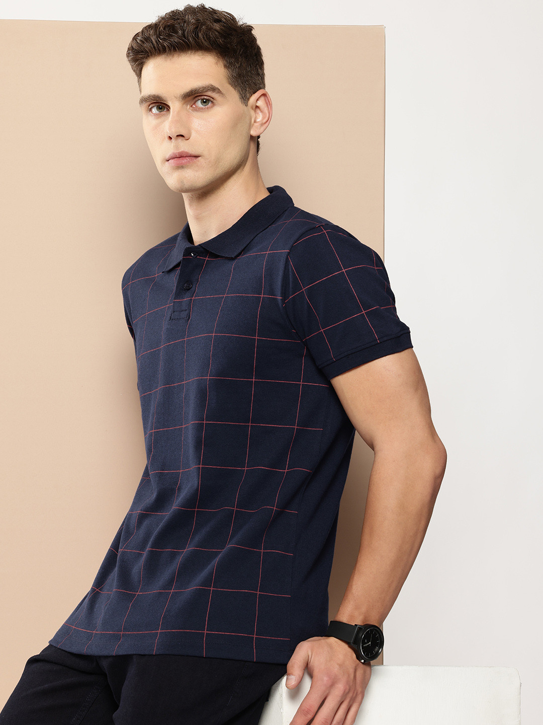 

encore by INVICTUS Checked Polo Collar T-shirt, Navy blue