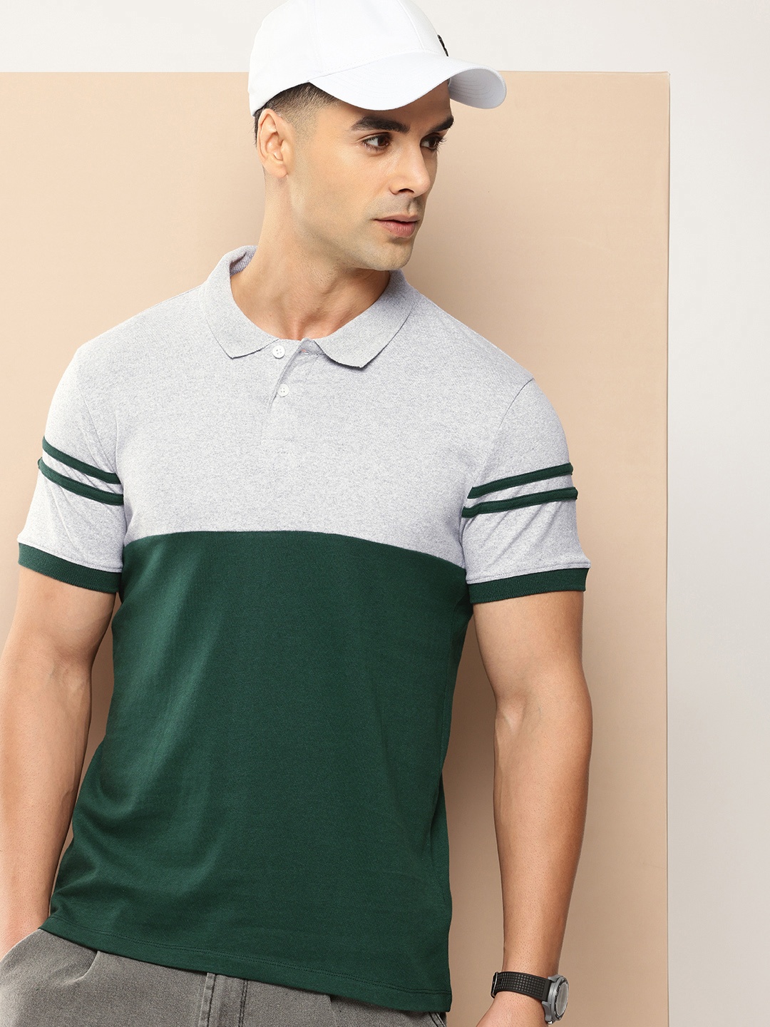 

encore by INVICTUS Colourblocked Polo Collar T-shirt, Grey
