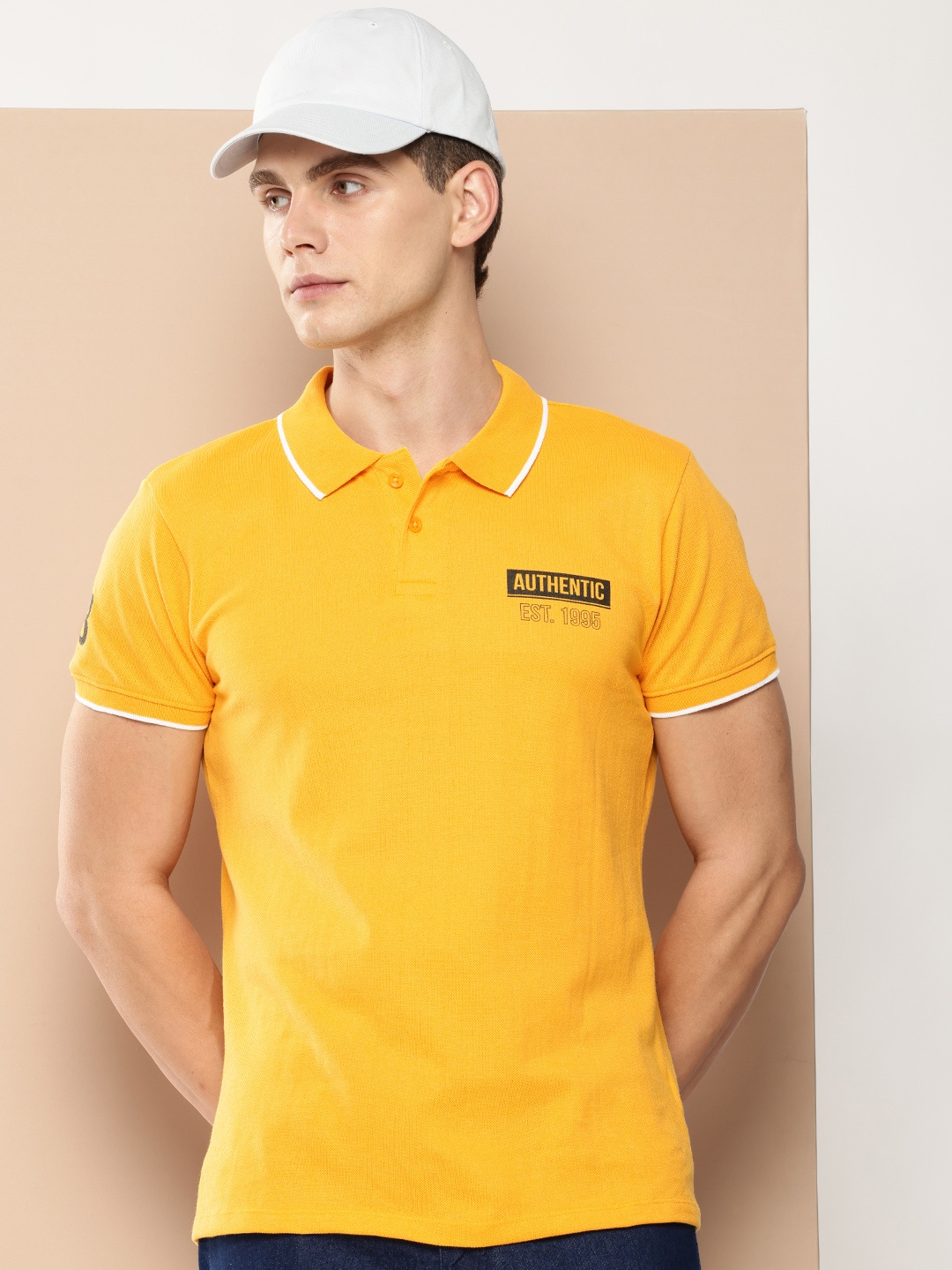 

encore by INVICTUS Typography Printed Polo Collar Casual T-shirt, Yellow