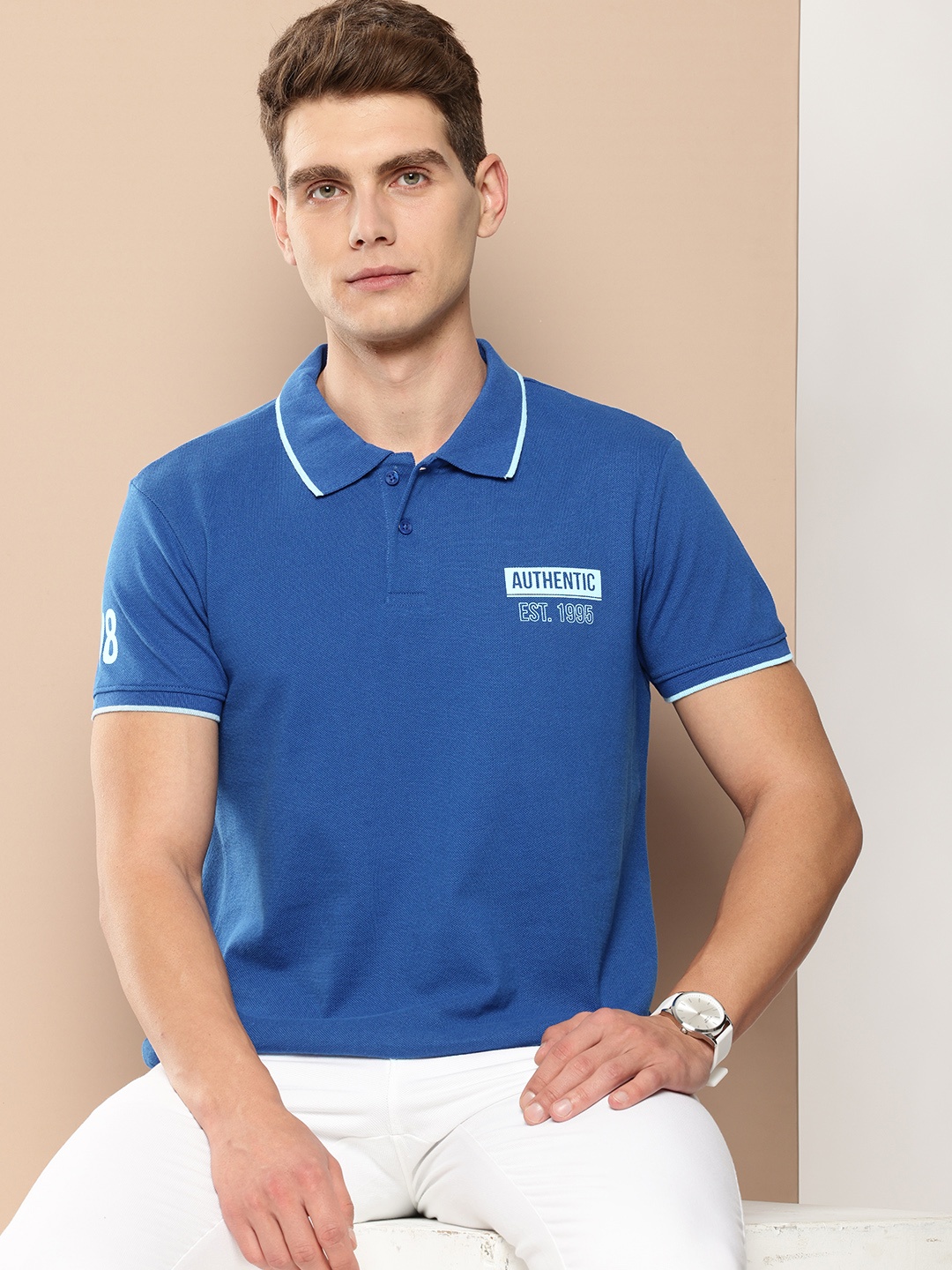 

encore by INVICTUS Typography Printed Polo Collar Casual T-shirt, Blue