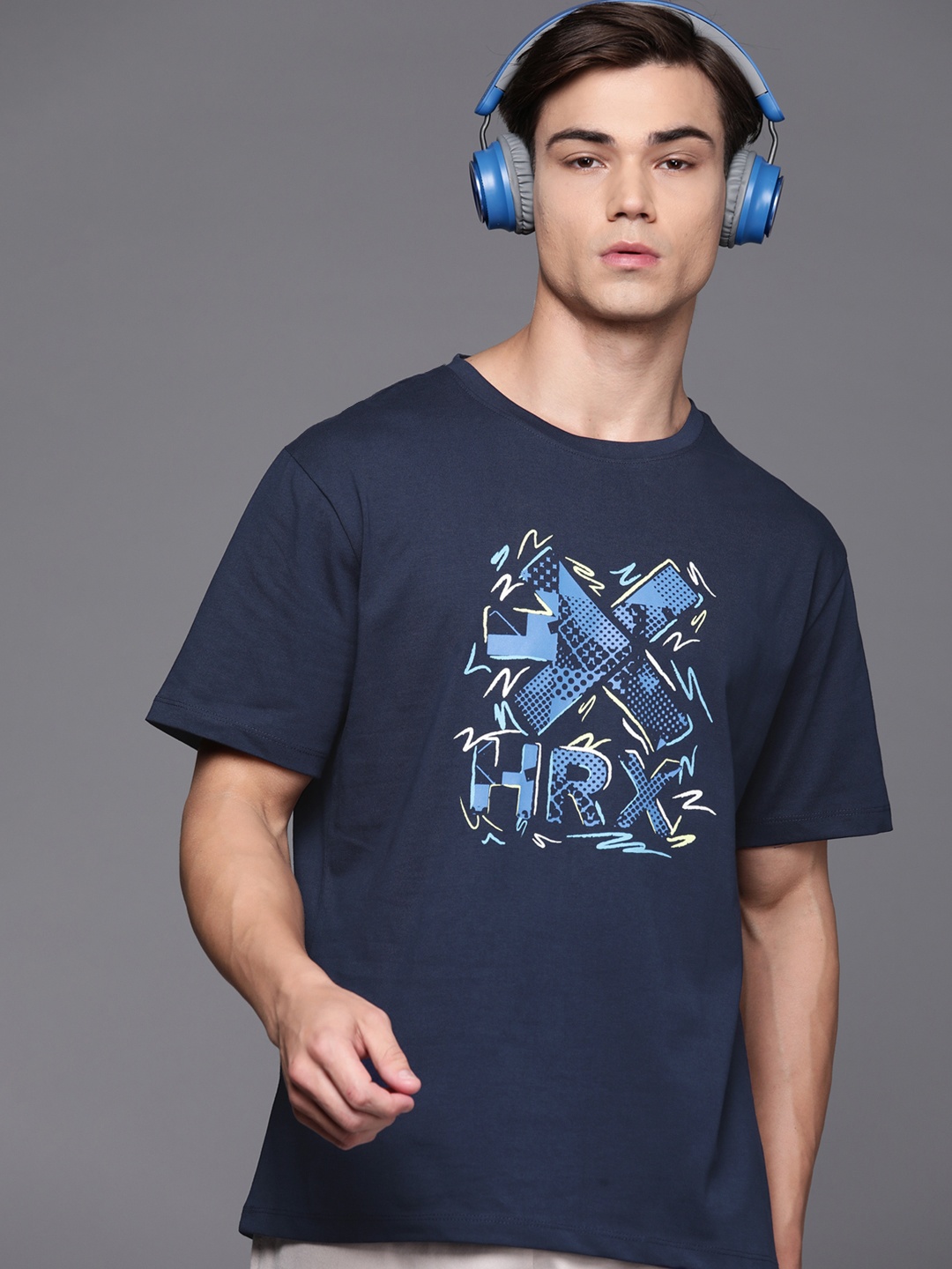 

HRX by Hrithik Roshan Pure Cotton Abstract Printed Lifestyle T-Shirt, Navy blue