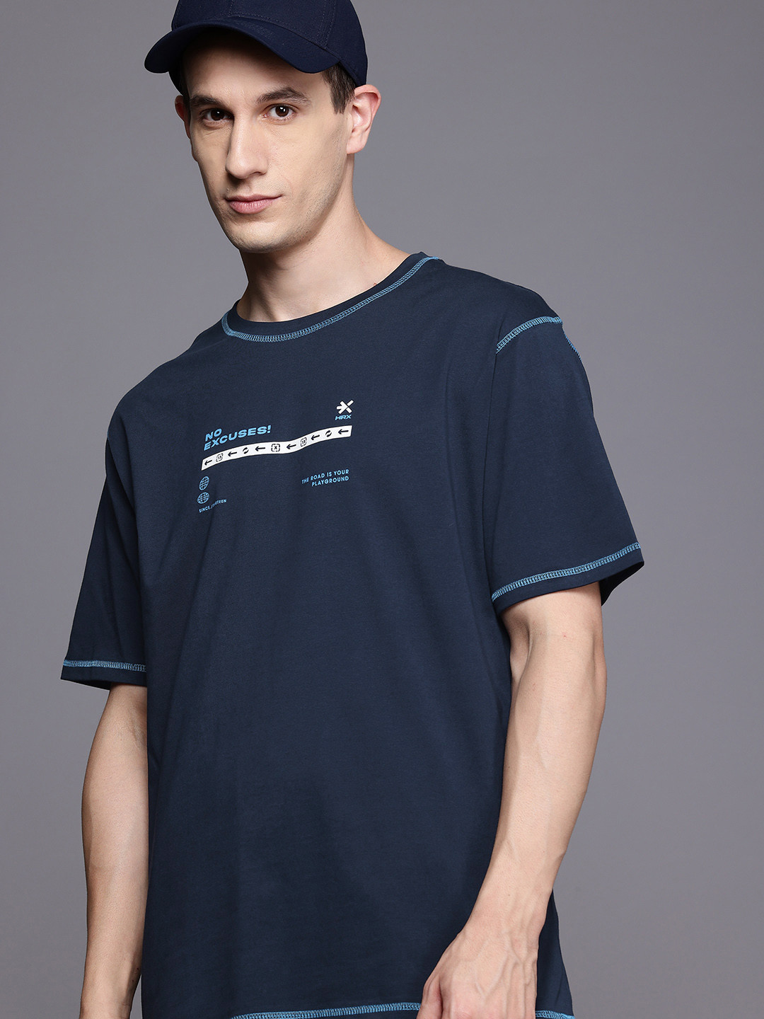 

HRX by Hrithik Roshan Pure Cotton Upfront Stitch Printed T-shirt, Navy blue