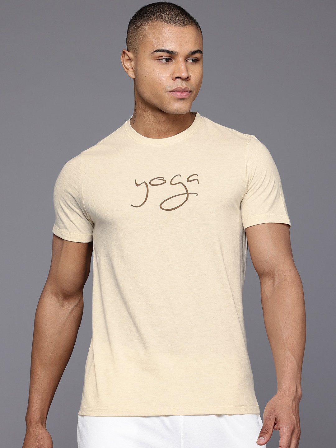 

HRX by Hrithik Roshan Typography Printed Pure Cotton Yoga T-shirt, Cream