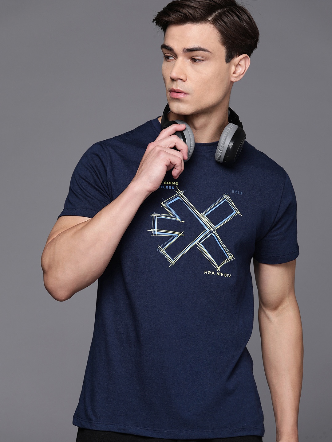 

HRX by Hrithik Roshan Round Neck Printed Casual T-shirt, Navy blue