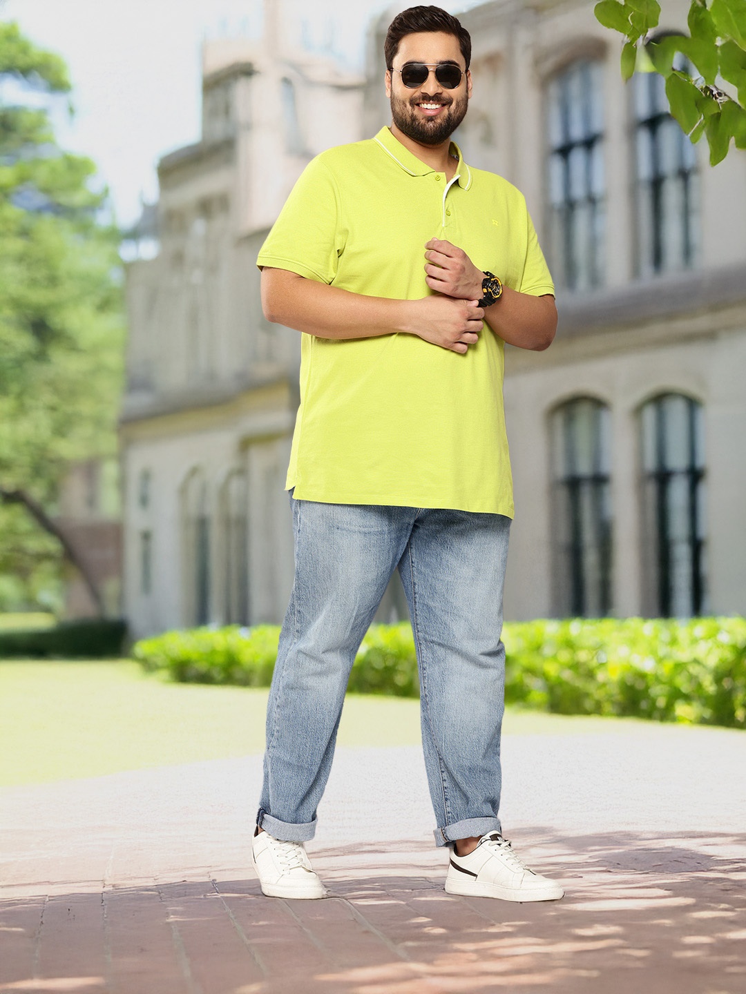 Sztori Plus Size Polo Collar Pure Cotton T-shirt, Lime green