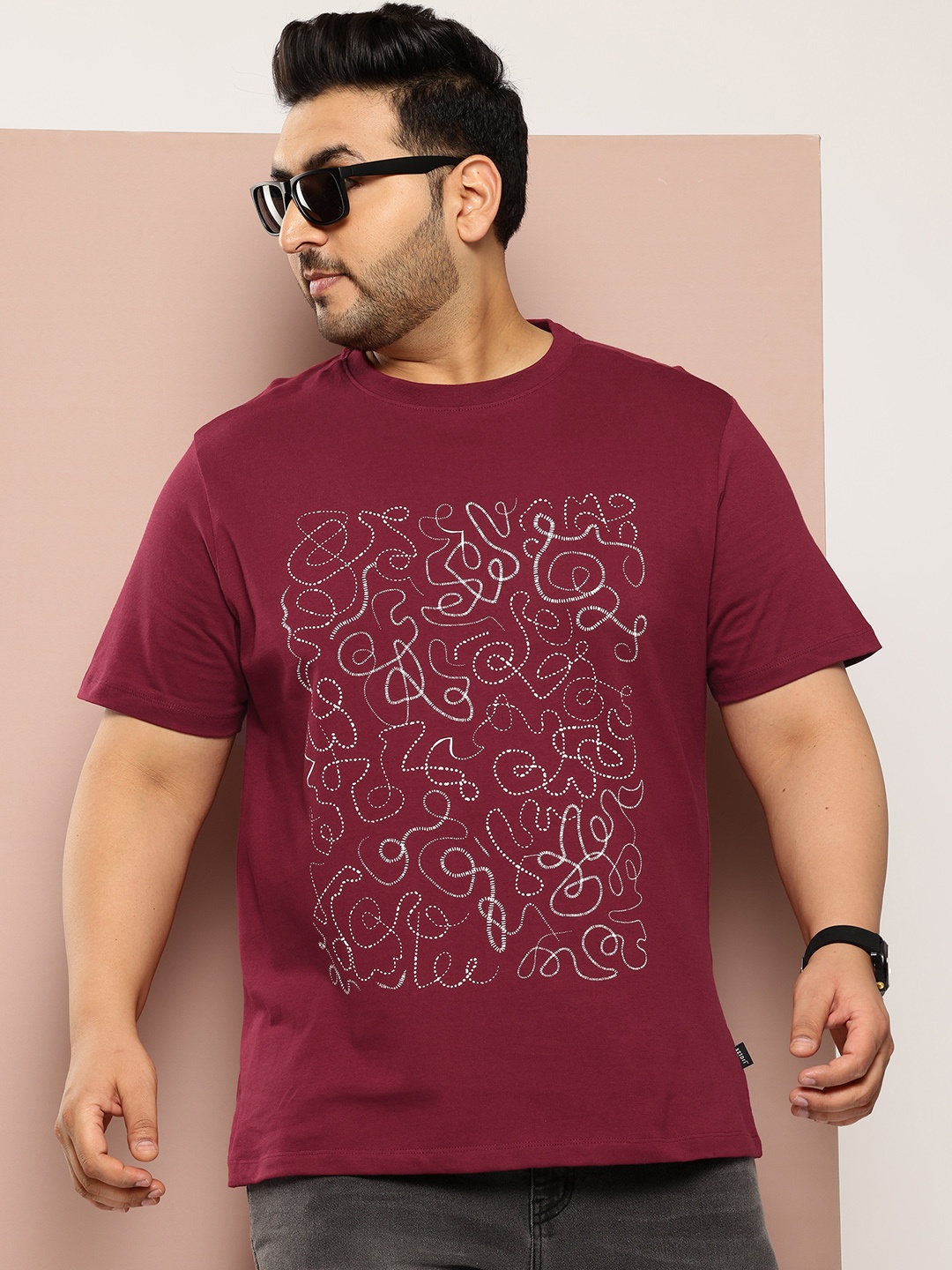 

Sztori Plus Size Printed Pure Cotton T-shirt, Maroon