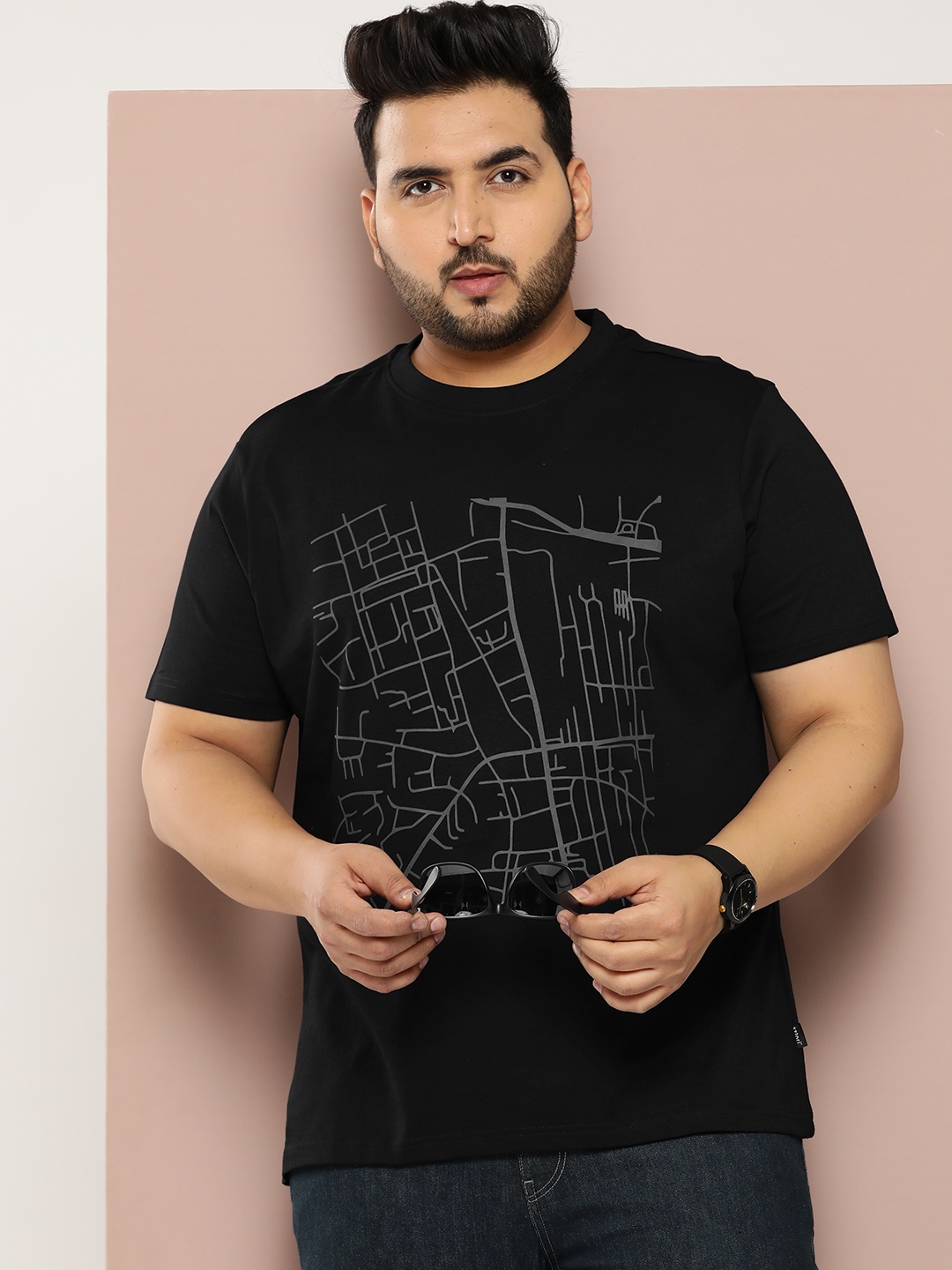 

Sztori Plus Size Printed Pure Cotton T-shirt, Black