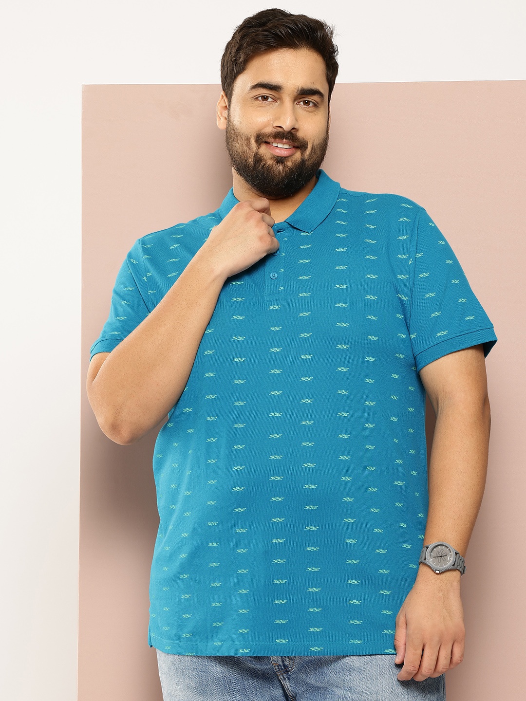 

Sztori Plus Size Printed Polo Collar Pure Cotton T-shirt, Turquoise blue