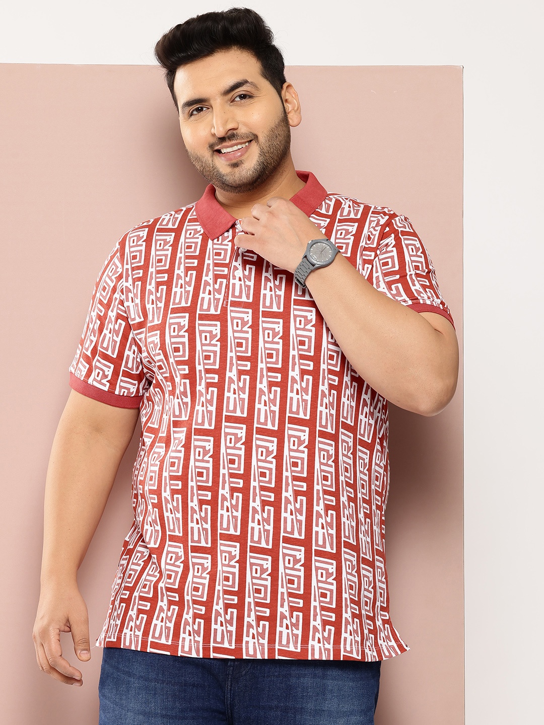 

Sztori Plus Size Typography Print Polo Collar Pure Cotton T-shirt, Rust