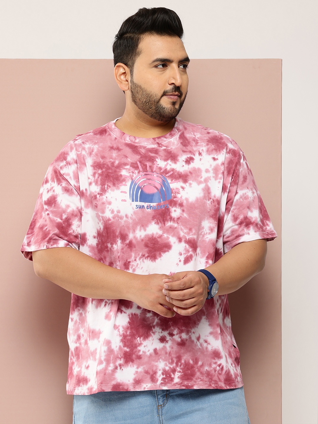 

Sztori Plus Size Tie & Dye Drop-Shoulder Sleeves Pure Cotton T-shirt, Rose
