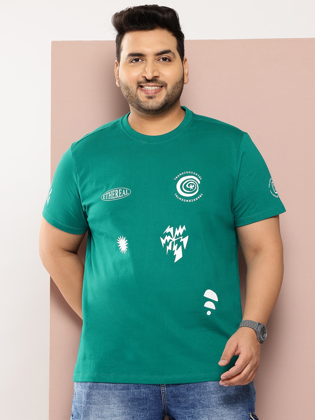 

Sztori Plus Size Printed Pure Cotton T-shirt, Green