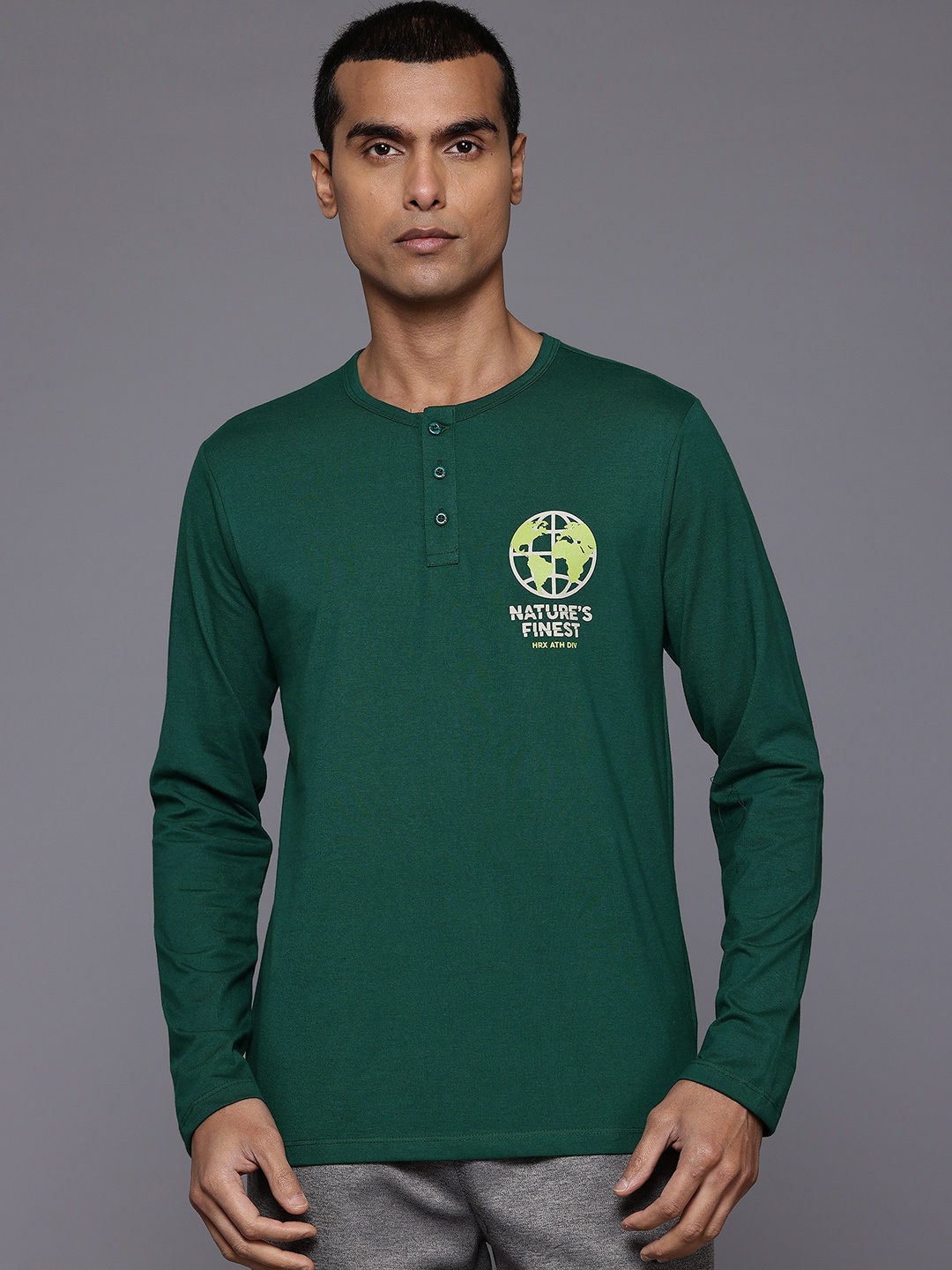 

HRX by Hrithik Roshan Men Printed Henley Neck T-shirt, Green