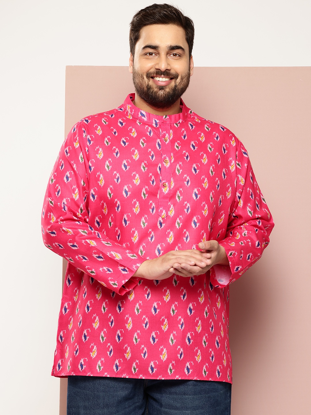 

Sztori Men Plus Size Ikat Print Kurta, Pink