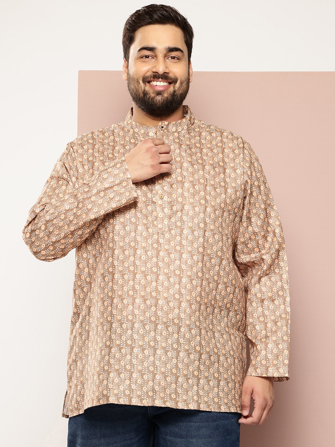 

Sztori Men Plus Size Ethnic Motifs Printed Indie Florals Kurta, Beige