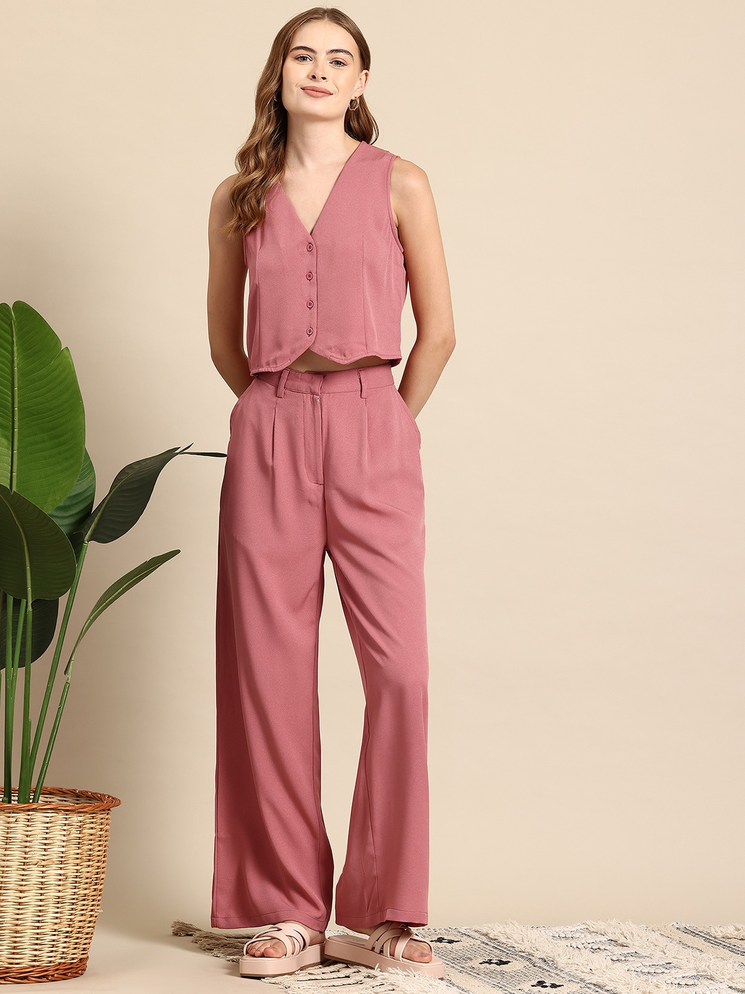 

Mast & Harbour Solid Waistcoat with Trousers Co-Ord Set, Pink