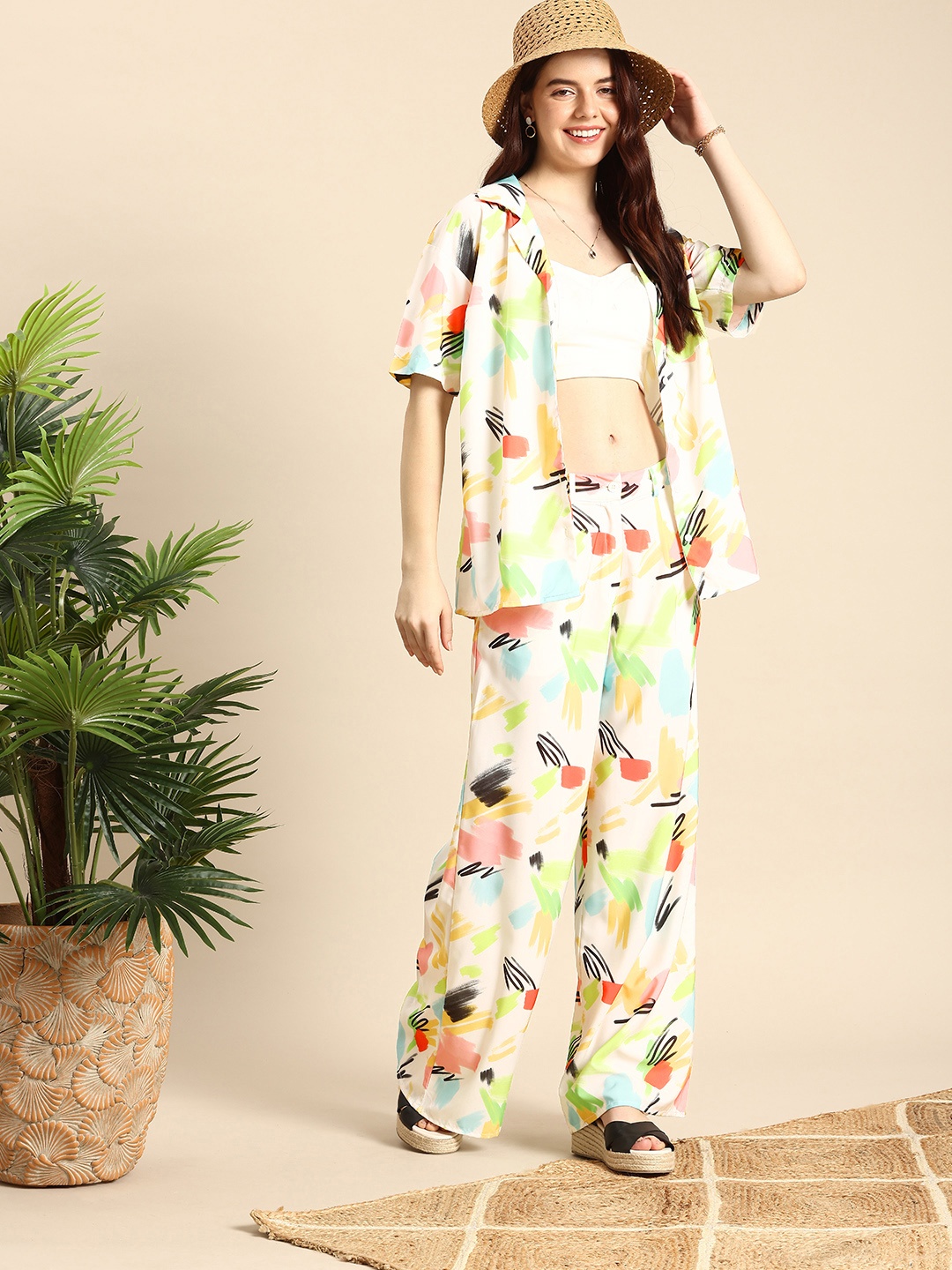 

Mast & Harbour Women Printed Shirt & Trousers Co-Ords, Multi