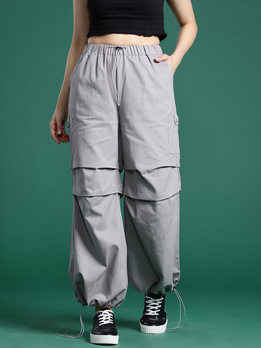 

DressBerry Women Pure Cotton Loose Fit Pleated Joggers, Grey