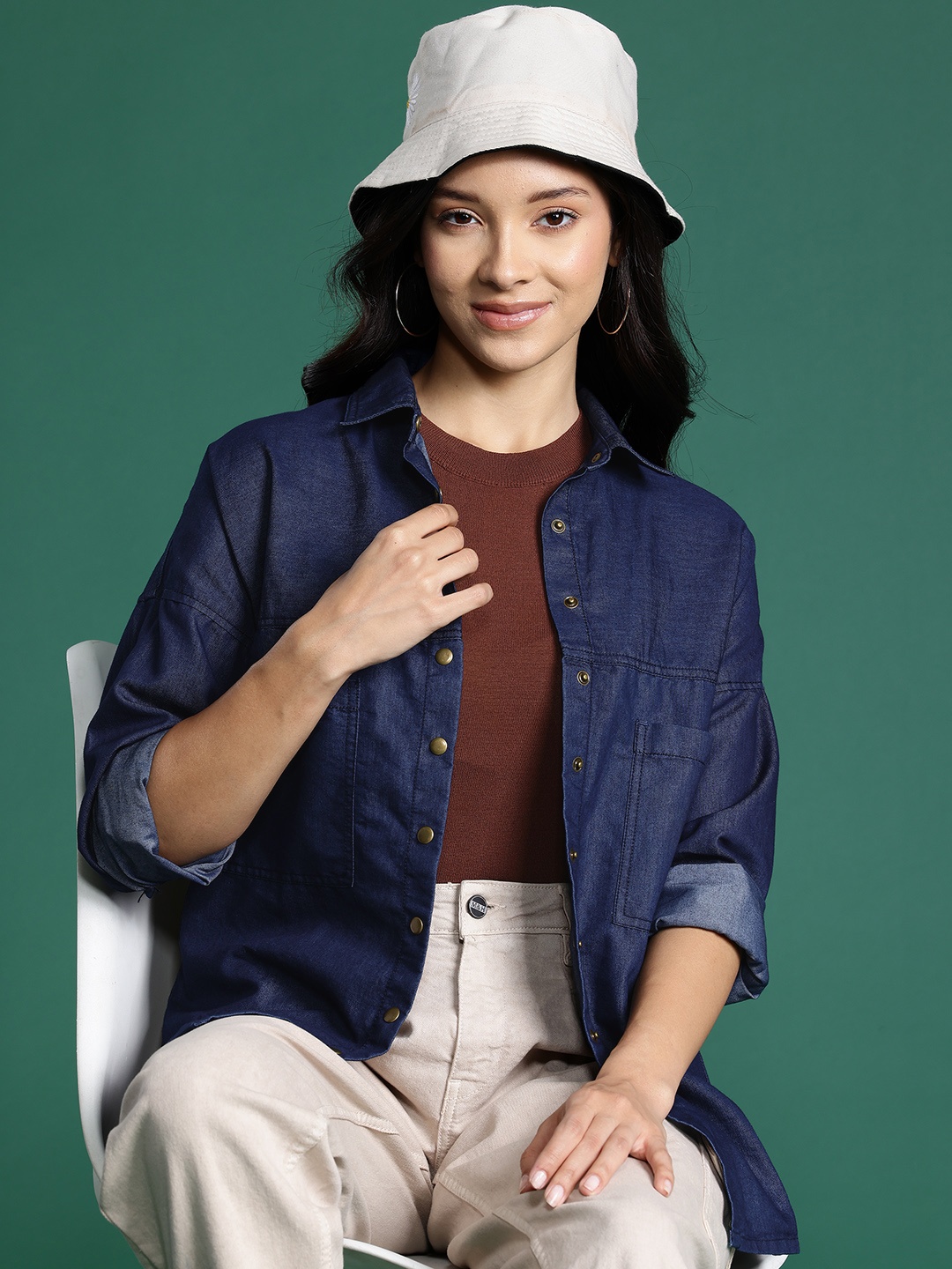 

DressBerry Longline Chambray Casual Shirt, Navy blue