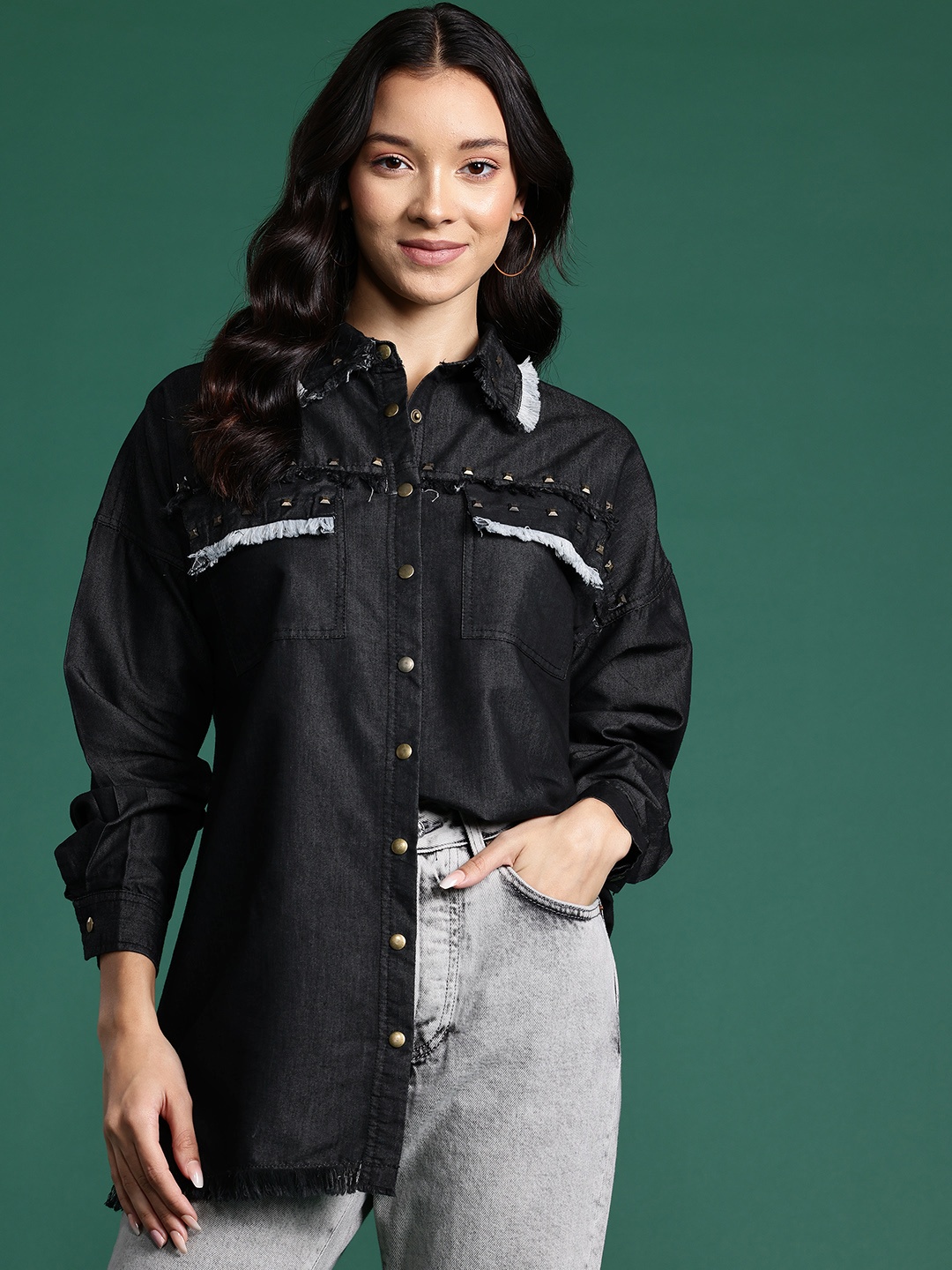 

DressBerry Embellished Chambray Shirt, Charcoal
