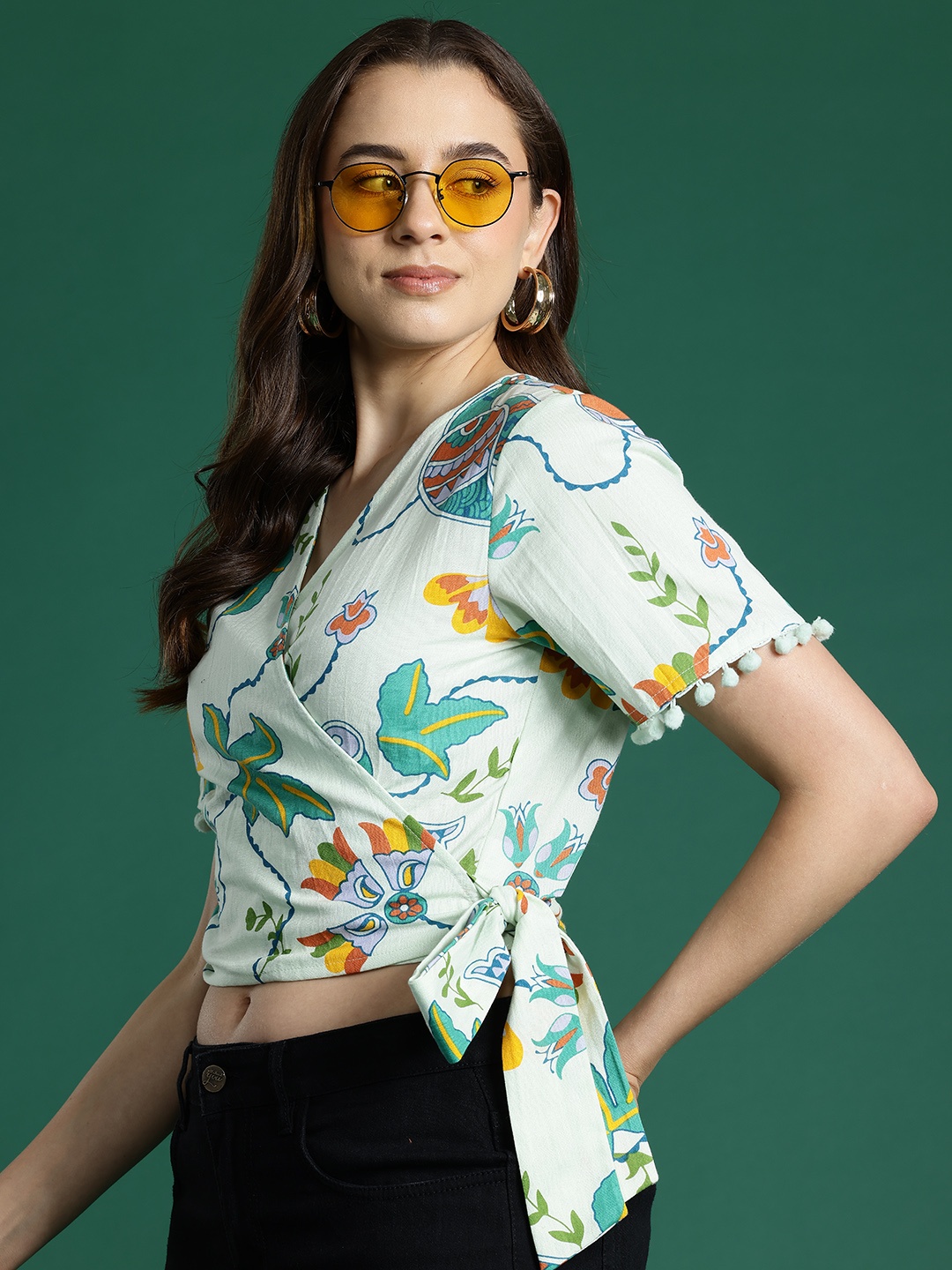 

DressBerry Printed Pure Cotton Wrap Top, Green