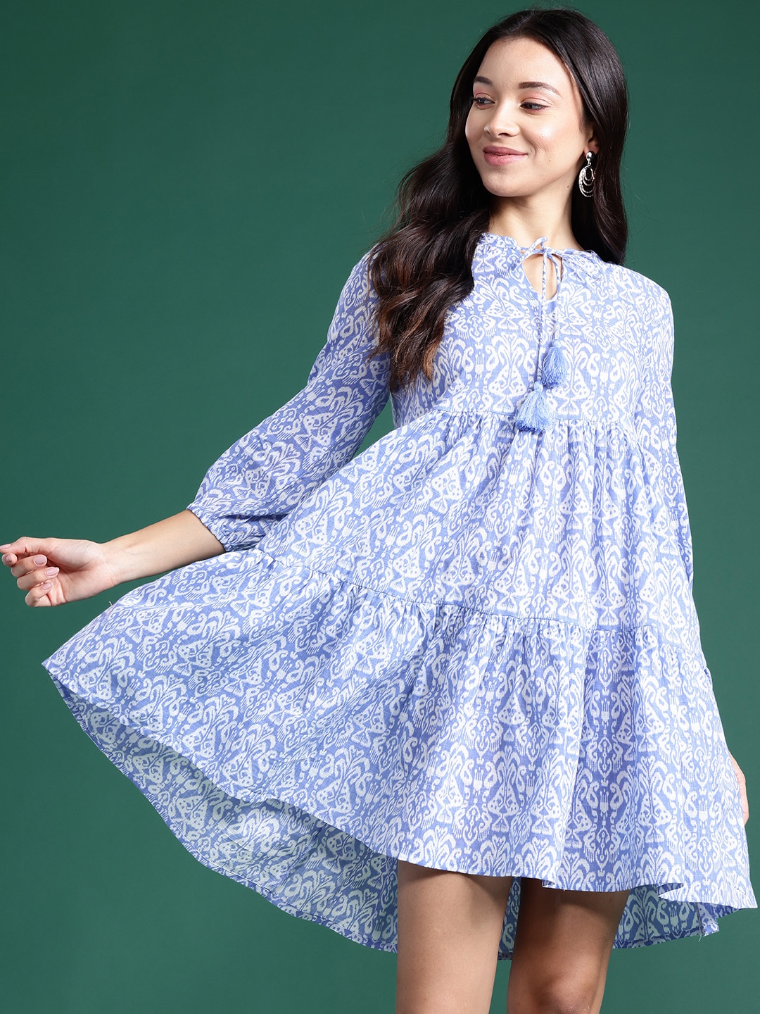 

DressBerry Printed Tie-Up Neck Pure Cotton Tiered A-Line Mini Dress, Blue