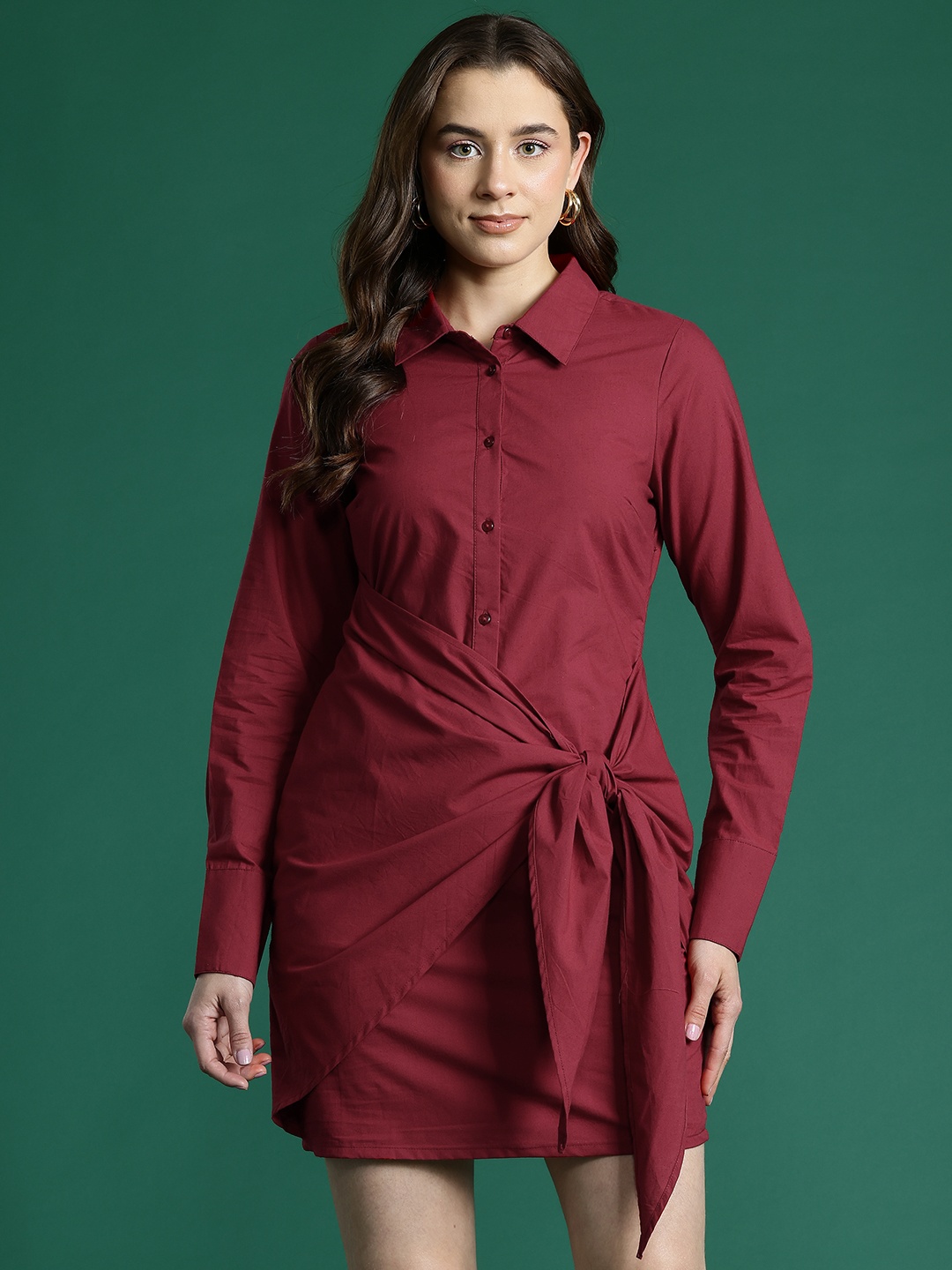 

DressBerry Pure Cotton Wrap Tie-Up Shirt Mini Dress, Maroon