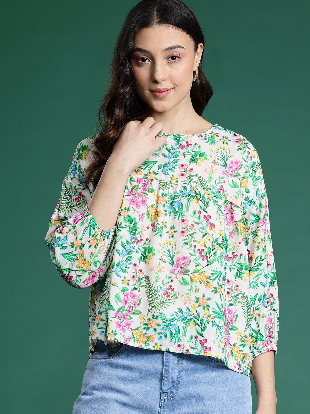 

DressBerry Printed Puff Sleeves Tropical Top, Off white