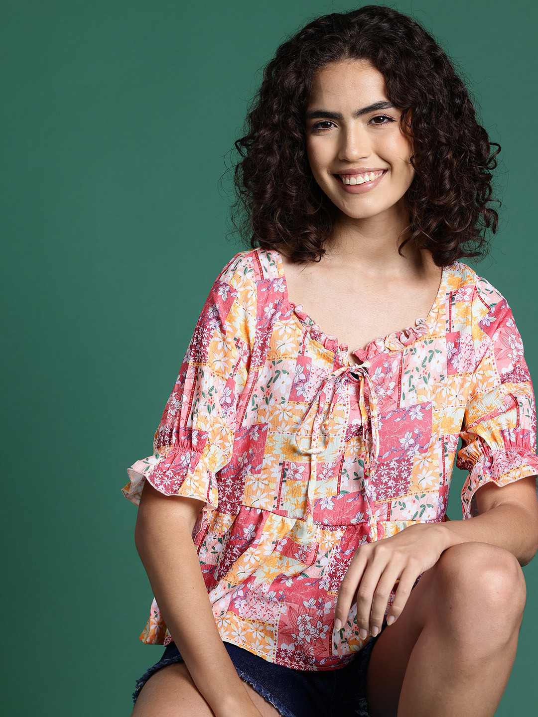 

DressBerry Floral Print Tie-Up Neck Puff Sleeve Top, Multi