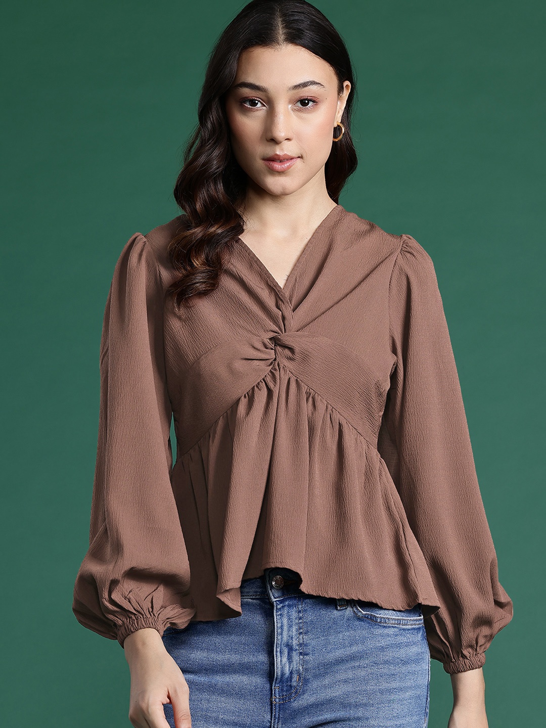 

DressBerry Puff Sleeve Twisted Empire Top, Brown