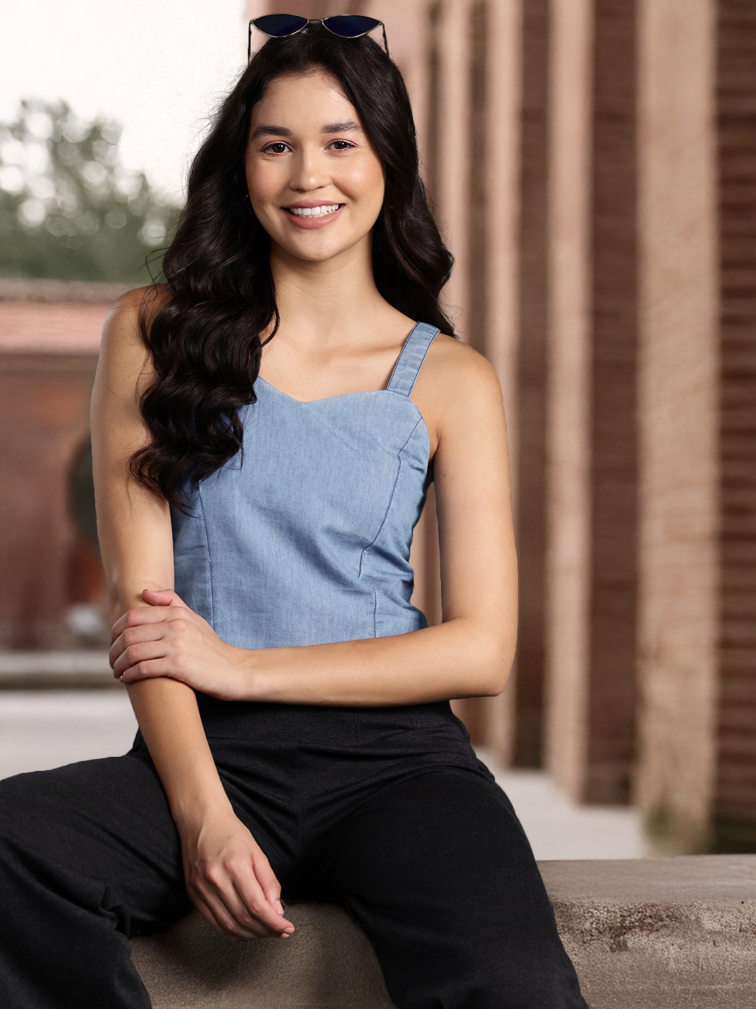 

DressBerry Bizwear Smocked Back Chambray Top, Blue