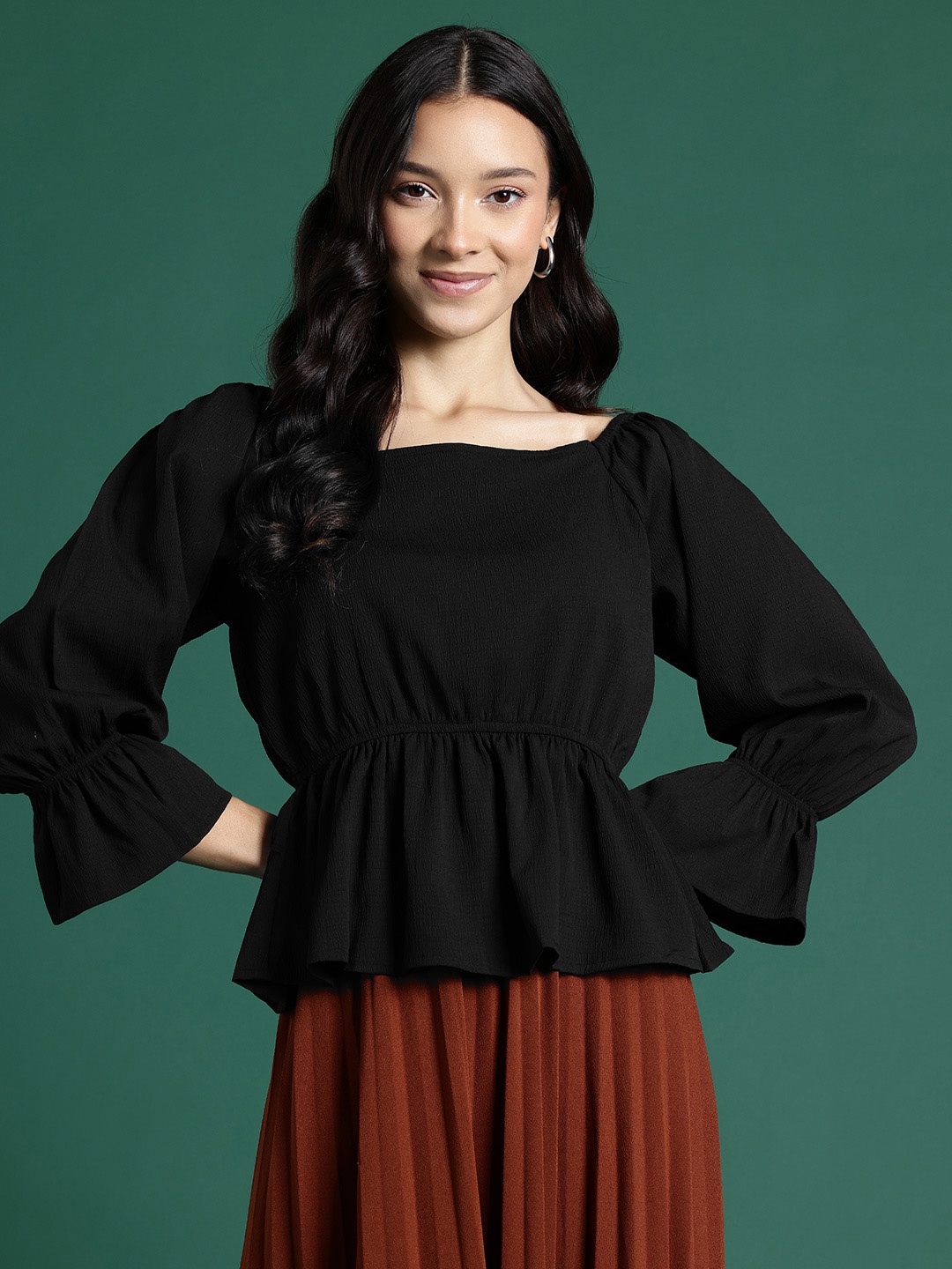 

DressBerry Bizwear Poet Sleeve Crepe Cinched Waist Top, Black