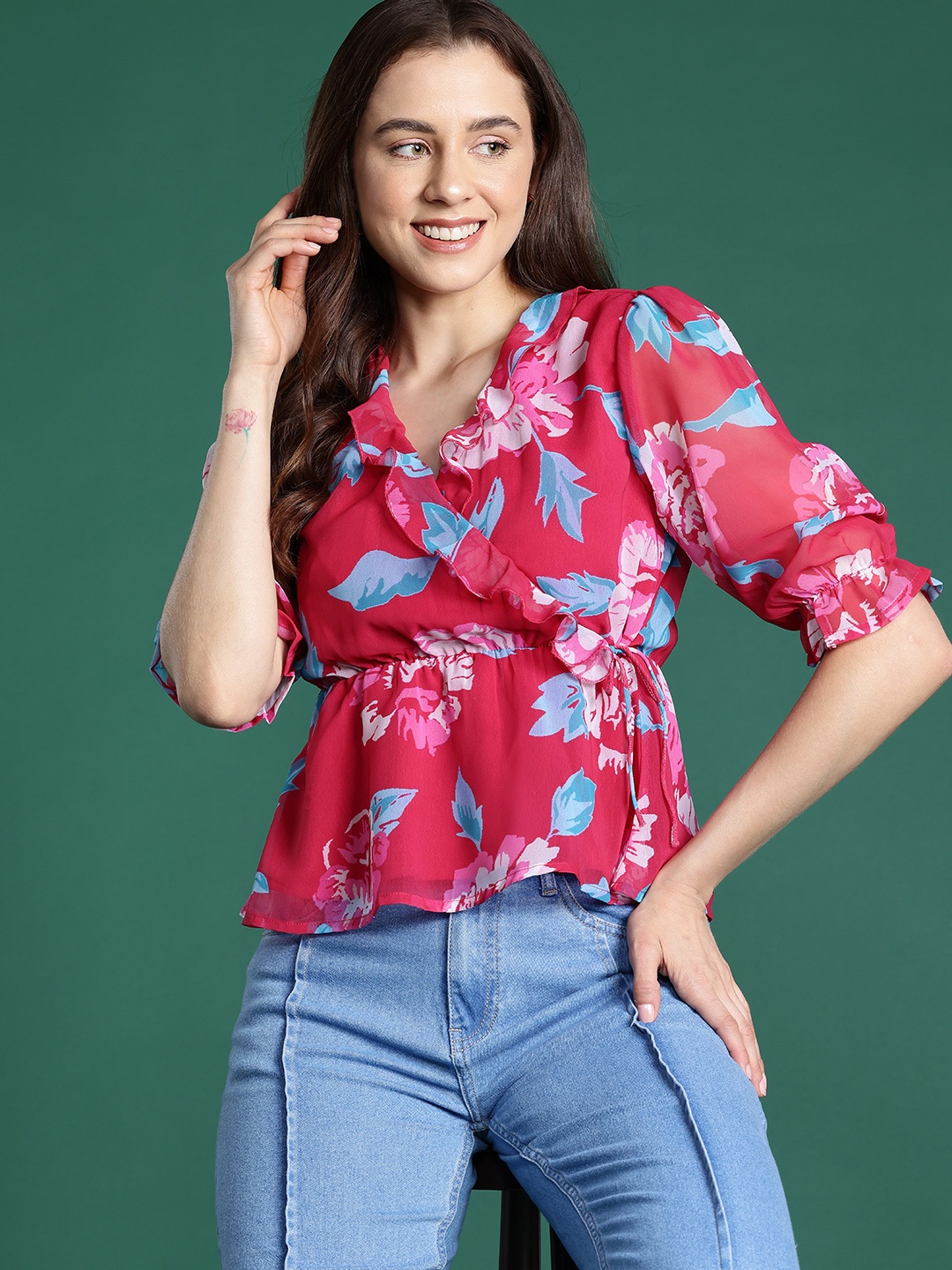

DressBerry Floral Print Tie-Up Ruffled Wrap Top, Pink