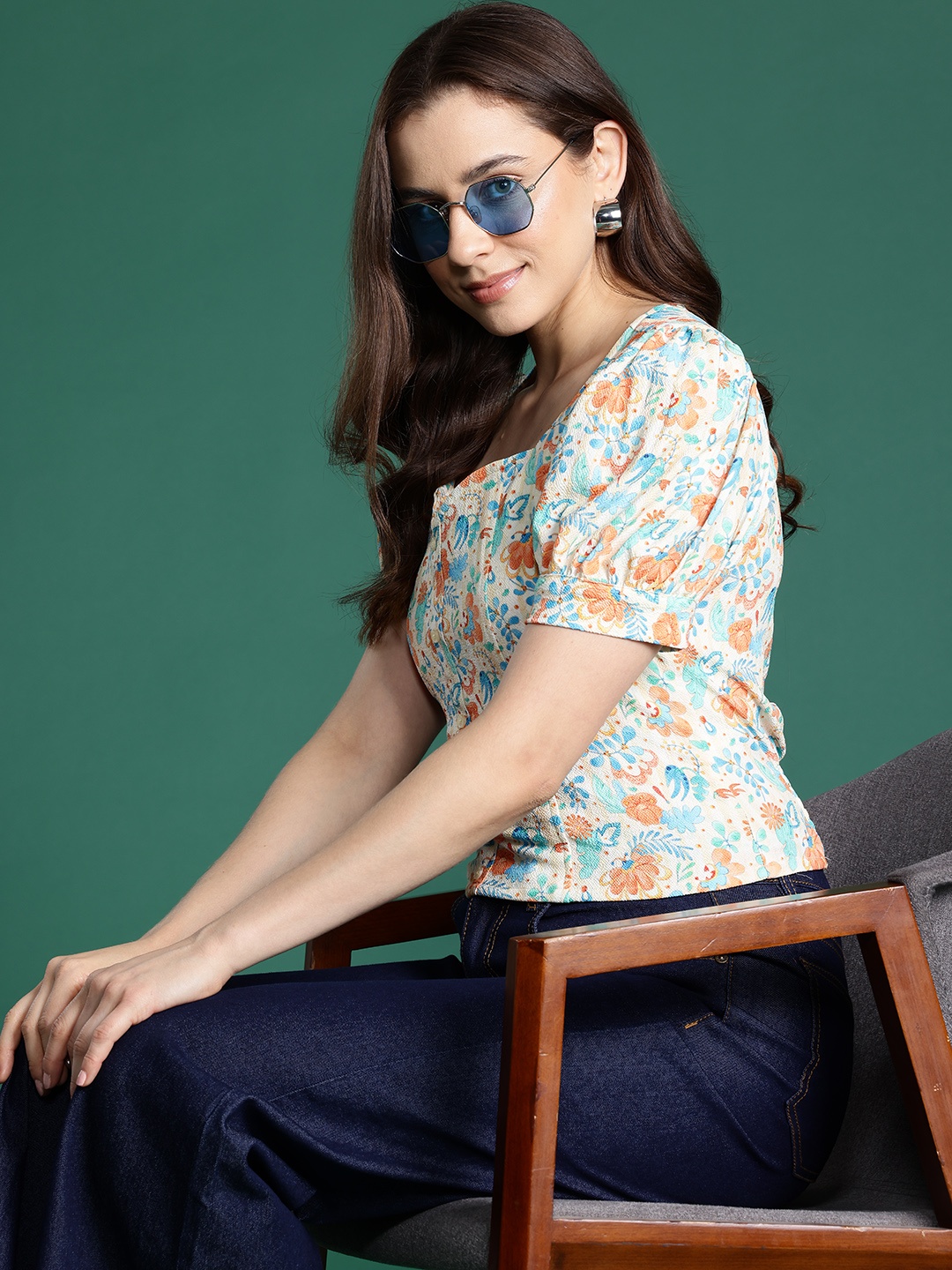 

DressBerry Printed Sweetheart Neck Puff Sleeves Top, Multi