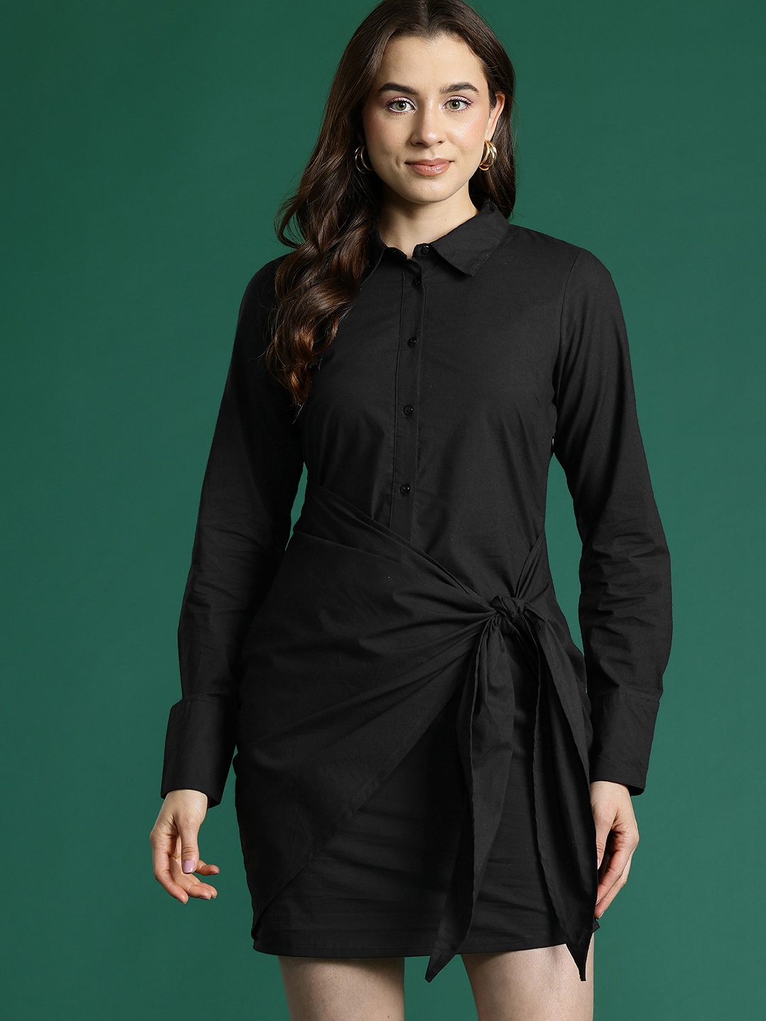 

DressBerry Pure Cotton Wrap Tie-Up Shirt Mini Dress, Black