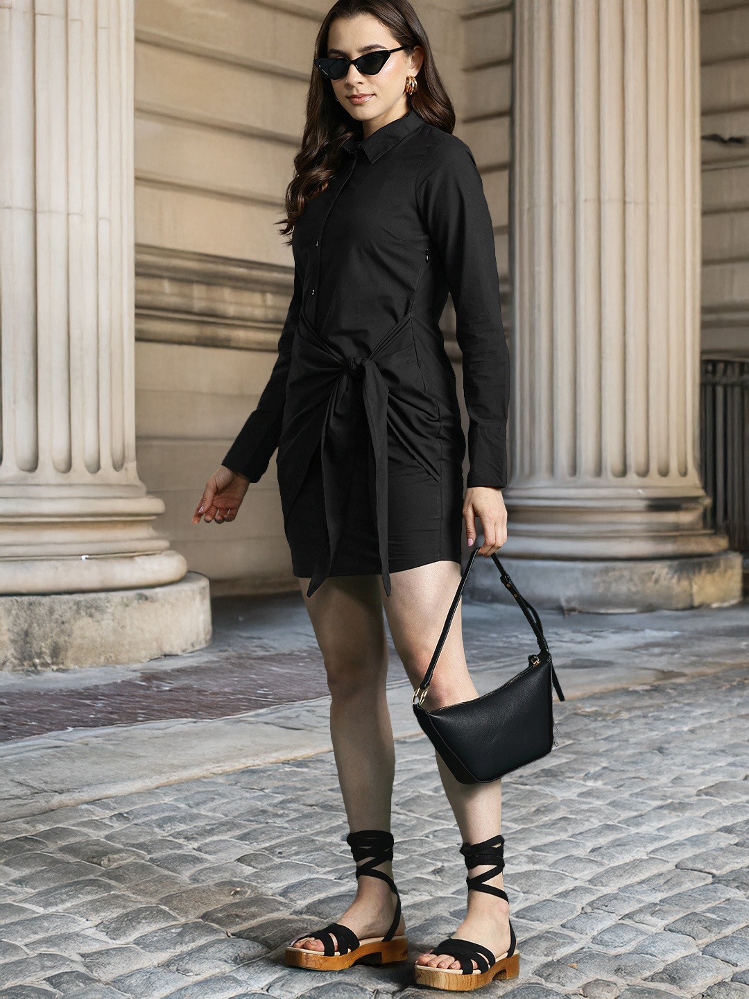 

DressBerry Pure Cotton Wrap Tie-Up Shirt Mini Dress, Black
