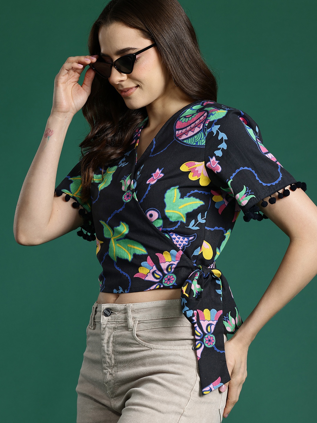 

DressBerry Printed Pure Cotton Wrap Top, Black
