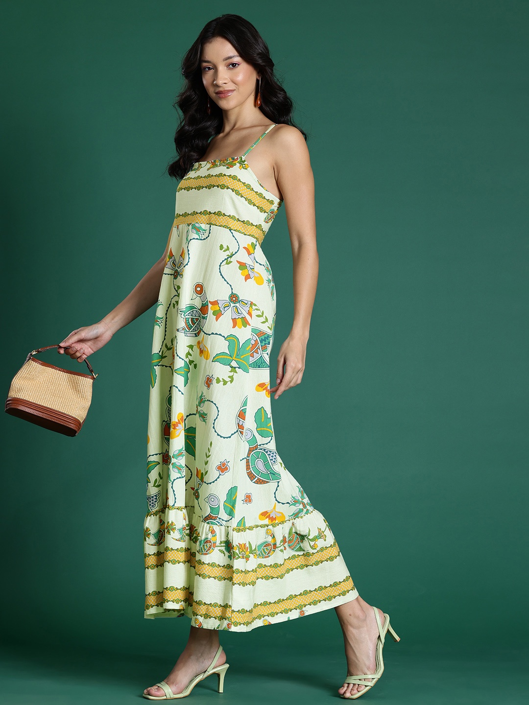 

DressBerry Pure Cotton Floral Print Ethnic Maxi Dress, Green