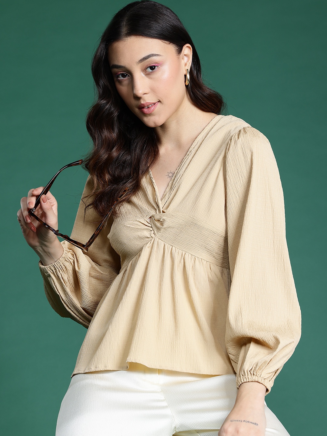 

DressBerry Puff Sleeves Twisted Empire Top, Beige