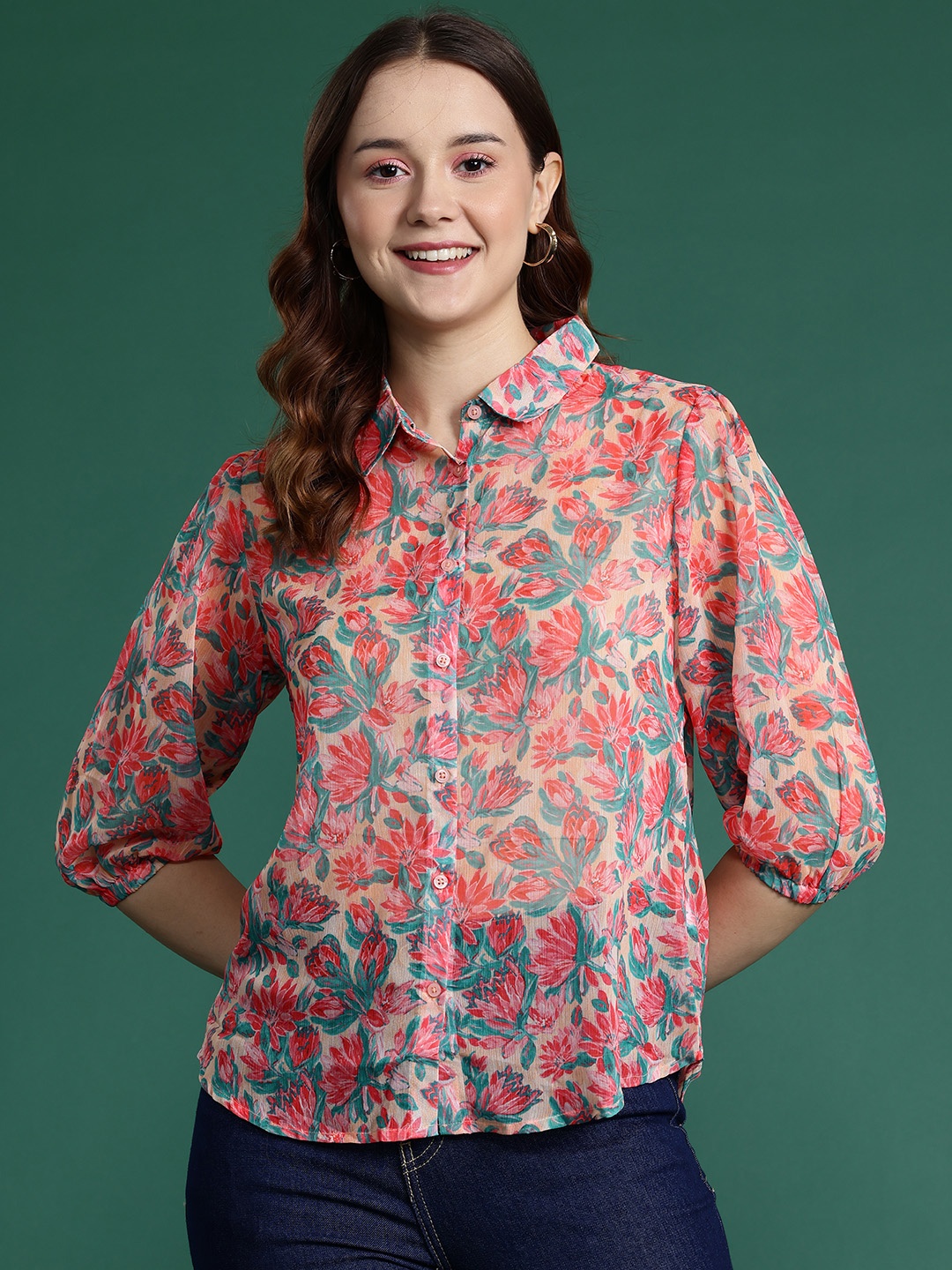 

DressBerry Floral Print Semi Sheer Shirt, Coral