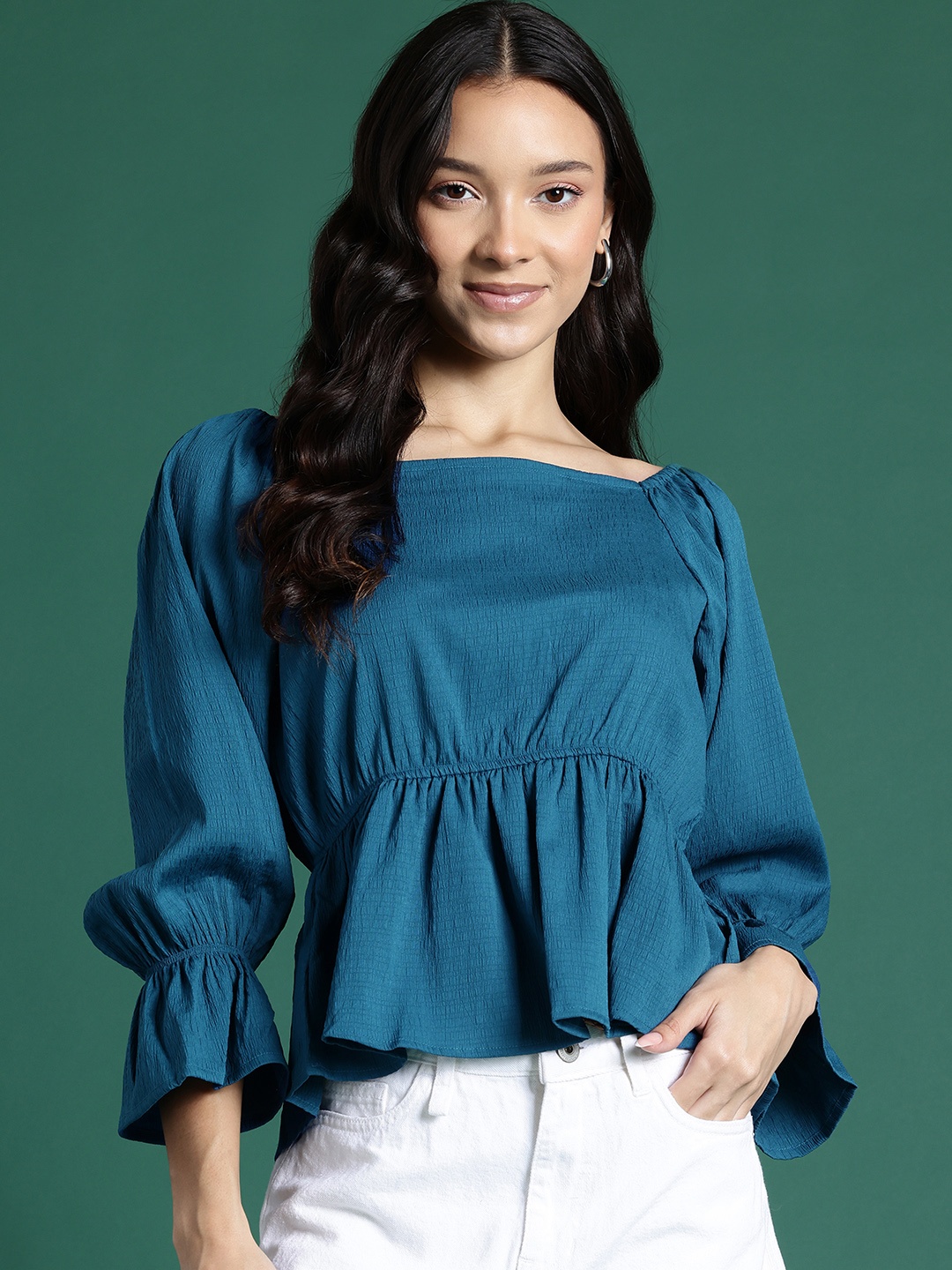 

DressBerry Bizwear Poet Sleeve Crepe Cinched Waist Top, Turquoise blue