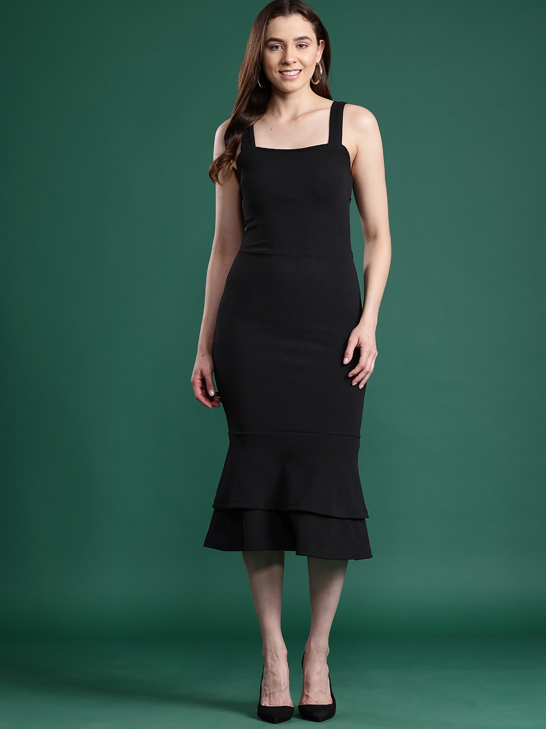 

Dressberry Basics Glam Shoulder Straps Flounce Hem Bodycon Midi Dress, Black