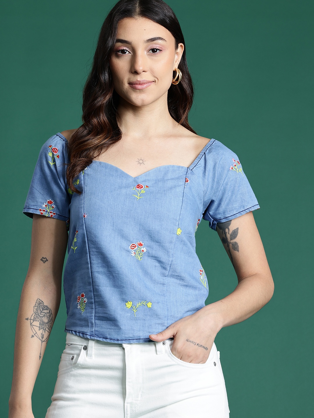 

DressBerry Floral Embroidered Sweetheart Neck Top, Blue