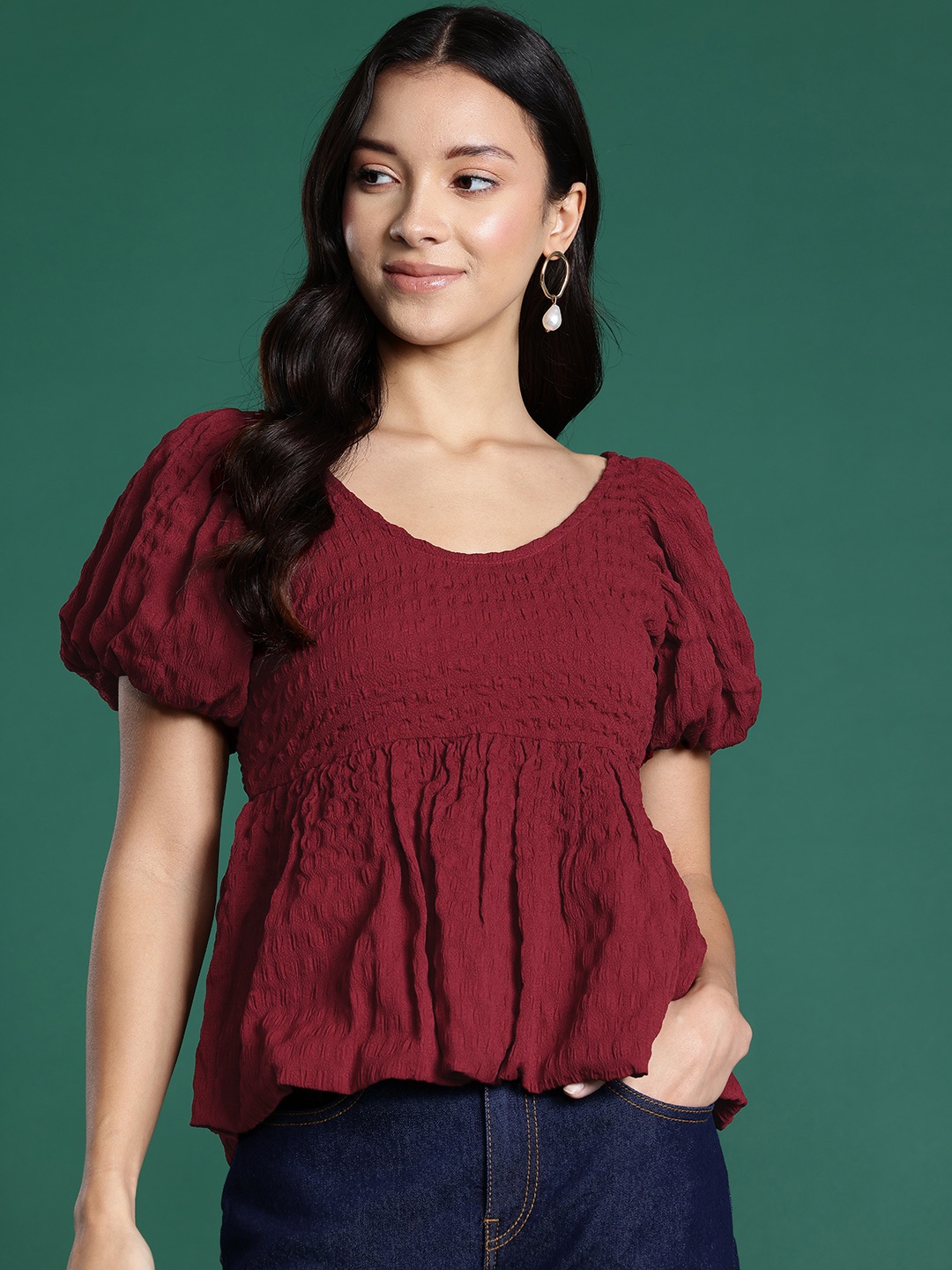 

DressBerry Seersucker Puff Sleeve Top, Maroon