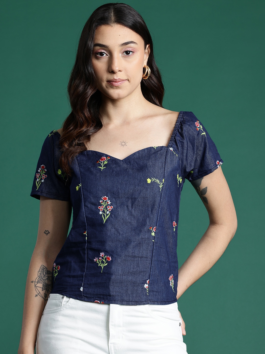 

DressBerry Floral Embroidered Sweetheart Neck Denim Top, Blue