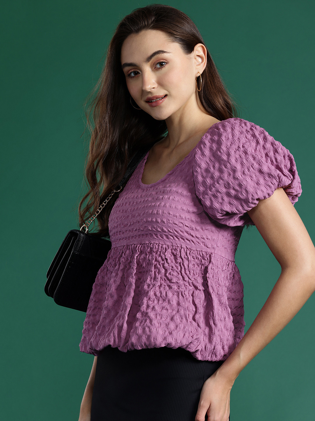

DressBerry Seersucker Puff Sleeves Peplum Top, Purple