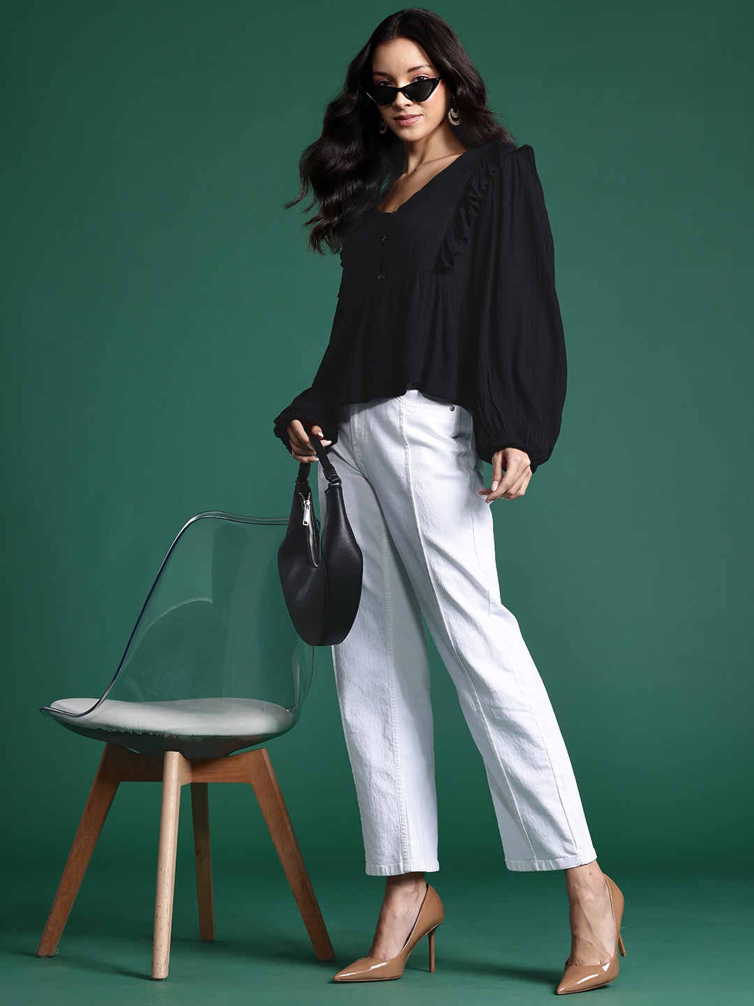 

DressBerry Puff Sleeves Ruffles Detail Crinkled Top, Black